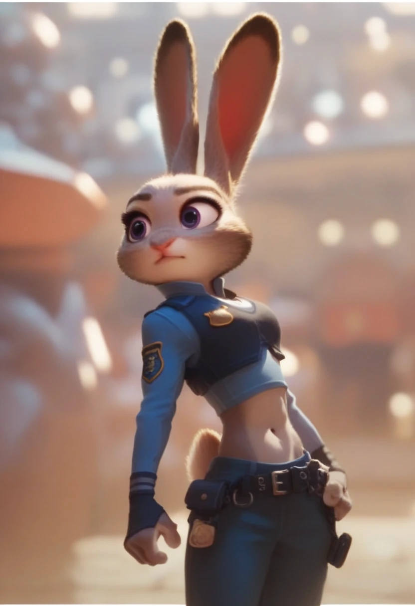 sideview of an attractive Judy hoops with rock hard abs, a bare midriff, and a bare navel wearing a crop top long sleeve police uniform with vest, digital artwork, rabbit, anthro style, digital artwork 