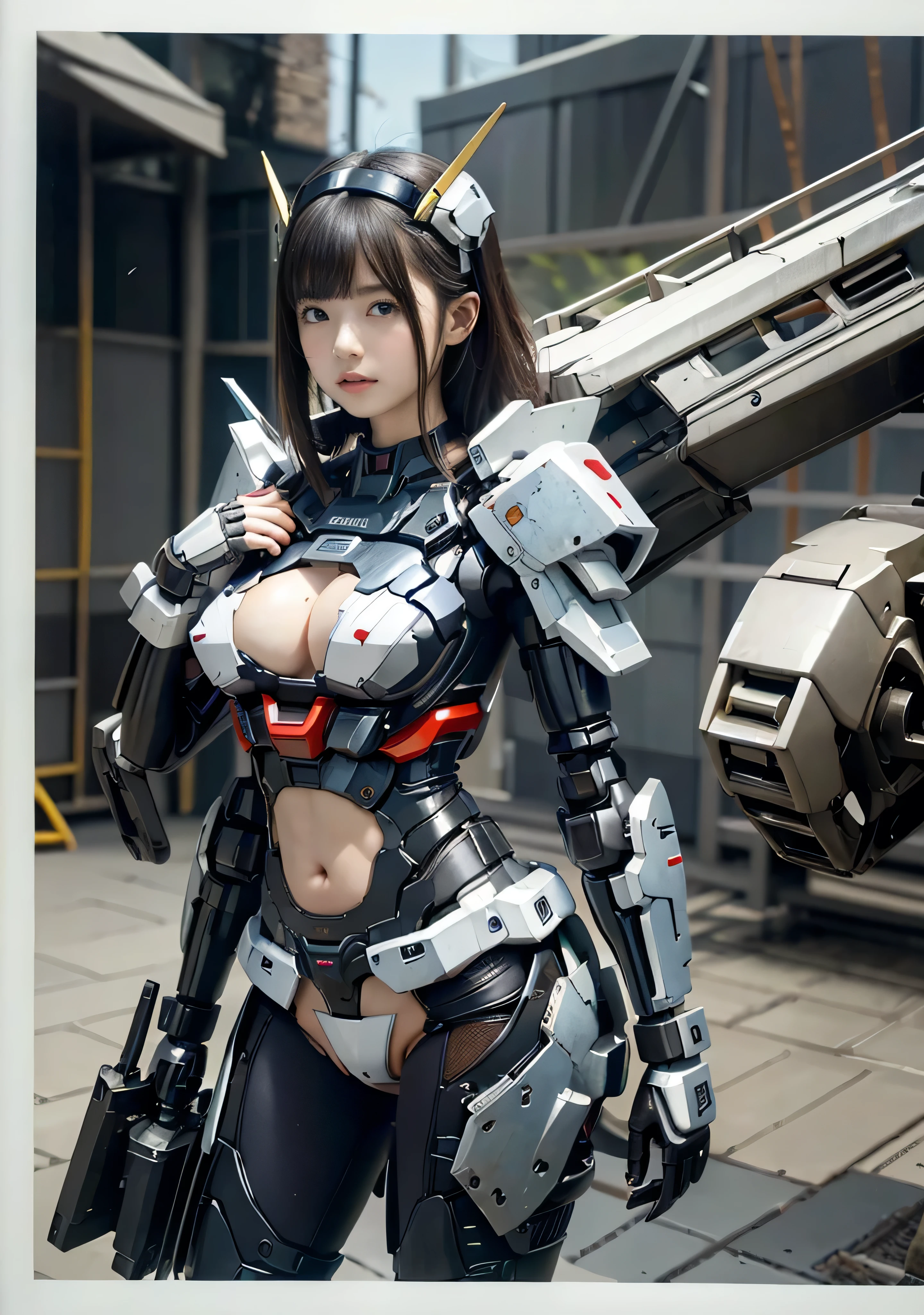 (masterpiece, 最high quality:1.2), 8k, Young and beautiful girl, Young face, Tabletop,Official AR RAW Photos, Baby Face、, Beautiful black hair, (((Big Breasts:1.4))), Cleavage, Raw skin shoulder, Rough skin, (Completely naked:1.4), Mechanical parts that hide nipples, (Exposed lower abdomen:1.4), Machine parts attached to the crotch, The lower half of the body with exposed bare skin, Thin pubic hair, Very detailed, Advanced Details, high quality, 最high quality, High resolution, 1080P, hard disk, beautiful,(Gundam), Battle Mode,She wears a futuristic Gundam mecha,