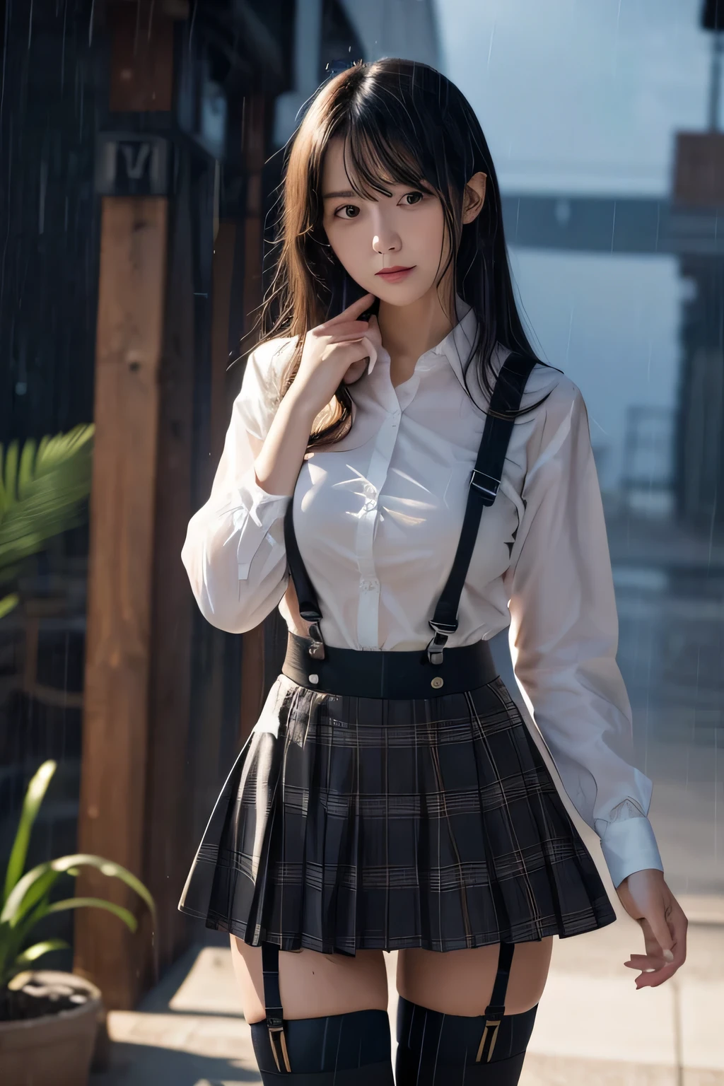1 female, , high quality, masterpiece, Ultra-high resolution, Cinema Lighting, 1 female, , high quality, masterpiece, Ultra-high resolution, , Cinema Lighting, suspenders Moderate breasts Small face Looking up Sweat Thin belt buzzer 脇Sweat garter belt Belt on pants holster Hands behind your back Looking up Anxious face Knee-high Knee socks Knee-highソックス garter ふとももにgarter belt Checkered mini skirt Panty shot Skirt gap Armament holster holster Hands behind your back Anxious expression Anxious face, legs apart Armament Leg Holster holster See-through clothing heavy rain Rain-soaked dress shirt,Moderate breasts ガーターbelt suspenders Garter on the thigh Checkered mini skirt Looking up Pause belt Armpit sweat Hands behind back Raise your hands