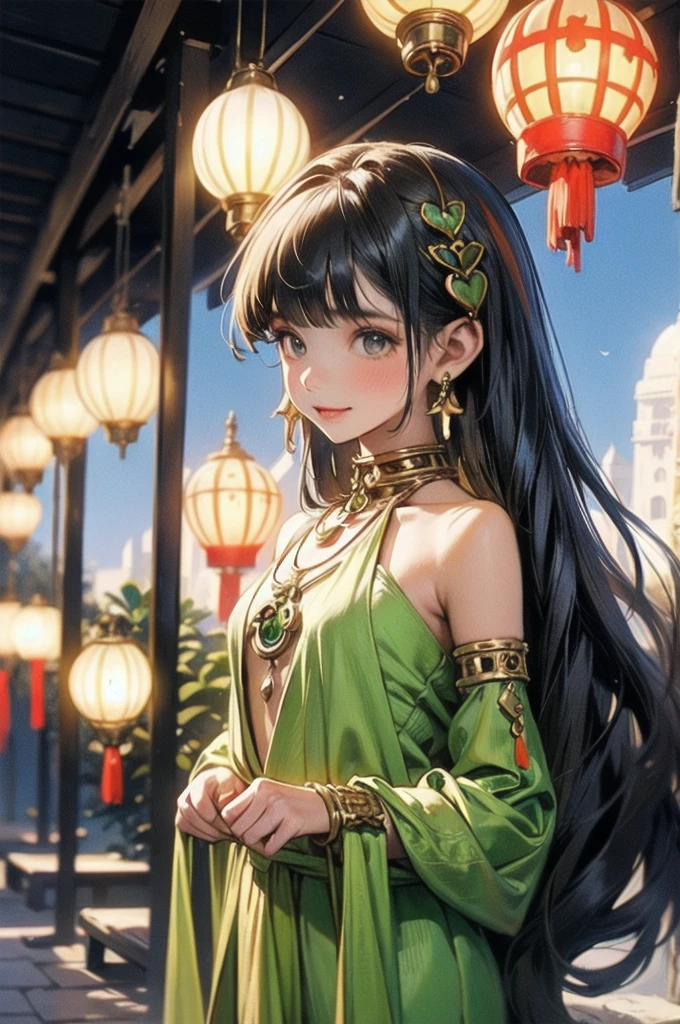 Create an anime-style illustration of a young woman standing in a picturesque outdoor setting. The woman is dressed in a traditional Indian saree that is primarily green with red and gold accents. The saree features intricate patterns and designs, including gold sun-like motifs near the bottom. Her blouse is white with red sleeves, complementing the saree.Her long, dark hair is braided and adorned with subtle accessories, including small blue beads woven into the braid. She wears large, golden earrings and a matching necklace with a circular pendant. Her wrist is adorned with multiple gold bangles, adding to her traditional look.The setting is a charming courtyard with wooden beams and hanging lanterns that emit a warm glow. Plants and greenery surround her, adding a natural, serene atmosphere. The architecture in the background includes a building with a terracotta roof and arched windows, hinting at a traditional Indian or South Asian setting.The overall lighting is soft, with the sunlight casting gentle shadows, enhancing the serene and picturesque ambiance of the scene. The woman's expression is calm and slightly curious, with a hint of a smile, as she gazes towards the viewer.