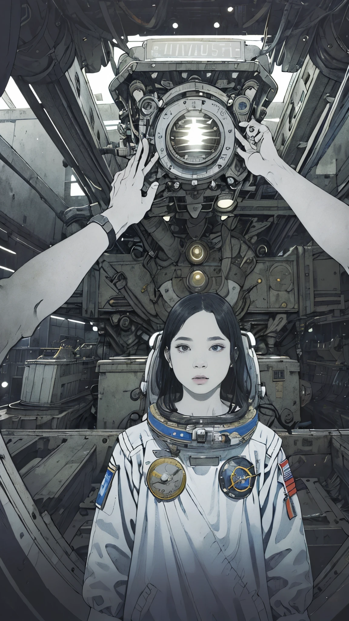 8k、High resolution、Super detailed、masterpiece、Sharp Shadows、One personの女性、24-years-old、universe space、Astronaut Uniform、Monochrome、Intricate machinery、(Outdated machinery:1.3)、Upper Body、 (One person:1.2)、Moderate bust、Black Hair、Long Hair、masterpiece、1970s。