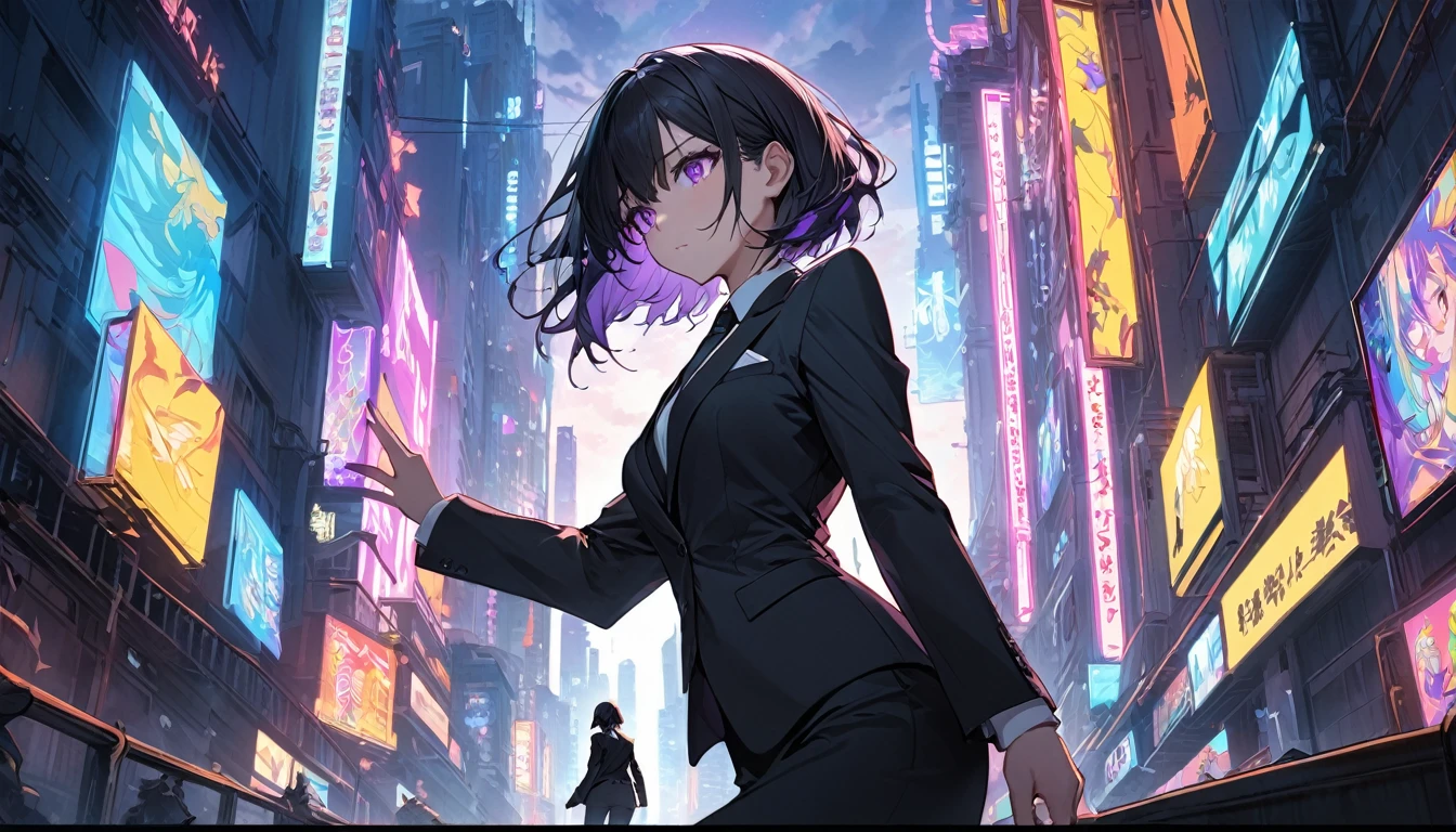 **173. One person。Dramatic confrontation scene。girl。Cowboy shot or close-up。masterpiece, best quality, ultra detailed (Detailed fingers), (Emotional), (main part: 1.2 Whole body。), (Anime Style), (Very detailed), (超High resolution, High resolution), (8k), (High resolution: 1.2), (Complex and beautiful: 1.2)**
- background: City of Darkness、Neon lights。
- girl: A delicately drawn black executive suit、Purple eyes and short black hair。
-pose: Standing on the roof of a high-rise building、With one hand on his hip, he gazes calmly at her.。
-expression: A look that combines dignity and cruelty、Her gaze exudes strong determination。
- Effects: The neon lights accentuate her silhouette.。
-color: The contrast between the colorful neon lights and the black suits is striking.。
