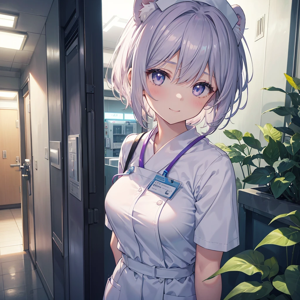 Display to the top of the head.one girl.独奏. It should be a bust-up (from chest up) with high resolution and detailed depiction. Please create an anime-style illustration of a young nurse aide. She has soft, wavy short hair in a silver color with a subtle pink-purple tint. Her eyes are large, expressive, and blue, with a gentle yet serious expression. She is wearing light blue or white scrubs with a name tag. She is standing in a brightly lit hospital corridor, with plants and medical equipment in the background. The lighting is soft, casting gentle shadows to enhance the atmosphere. She is smiling.Animal ears,