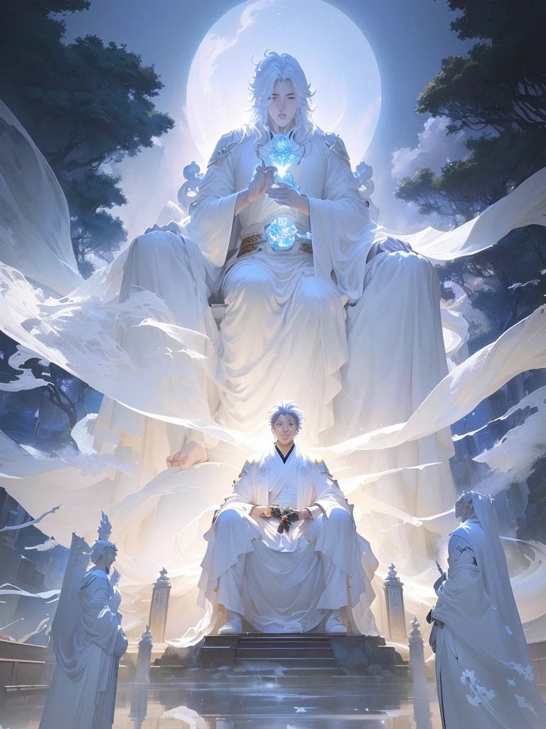Anime style images,A divine man sitting on a bench in front of a large statue, flowing white robe, author:Yang J, Ross Tran 和 Bayard Wu, Li Song, artwork in the style of Gu Weiss, Gu Weiss, author Bayard Wu, Ross Tran and Michael Whelan, Huang Shen, author Victor Wang, Gu Weiss masterpiece