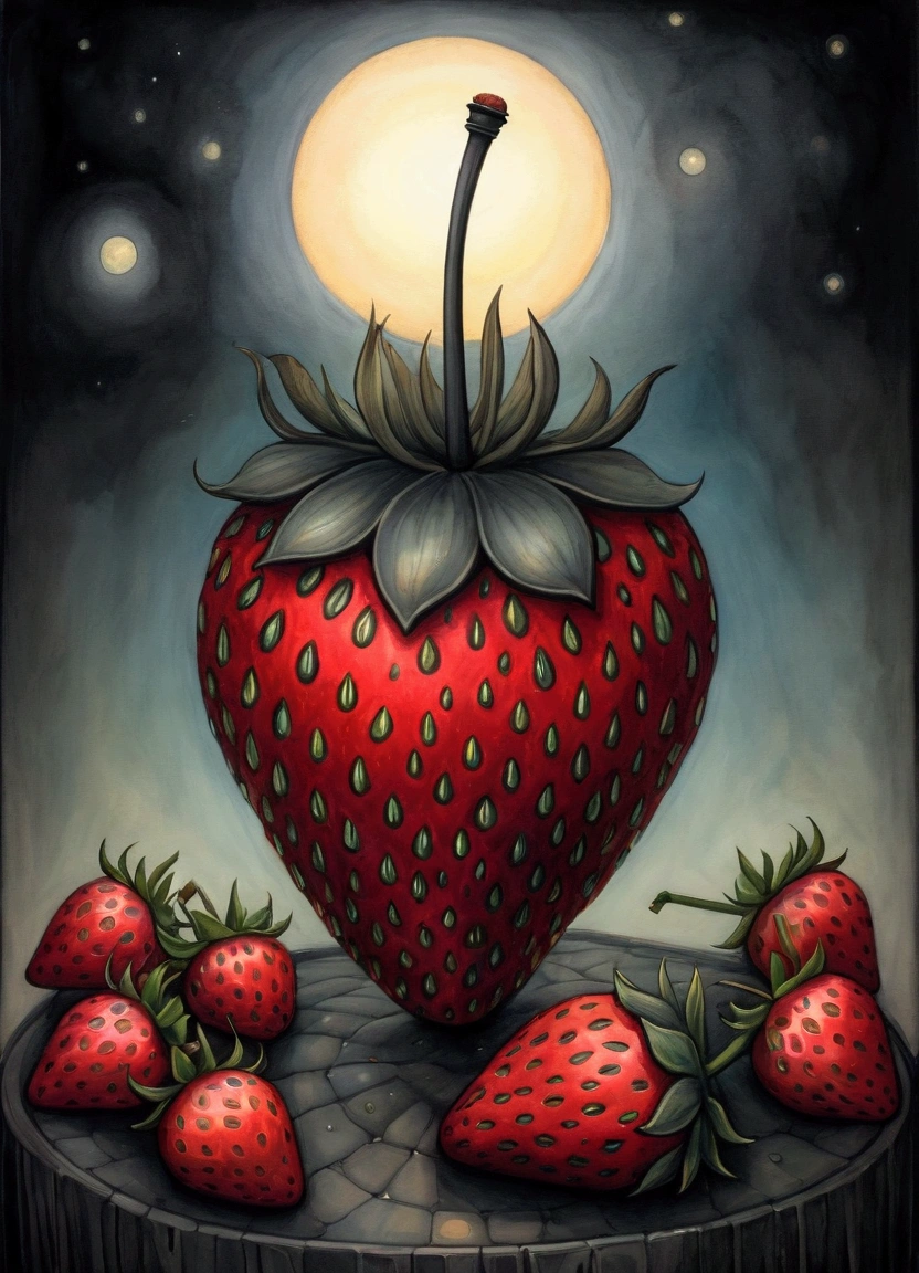 ((Inspired by John Kenn Mortensen)), Fusion of oil painting and watercolor, Artwork depicting a black strawberry, Cool, A ray of light, And various shades and gradients, best quality, Ridiculous, Extremely detailed, Textured Matte,