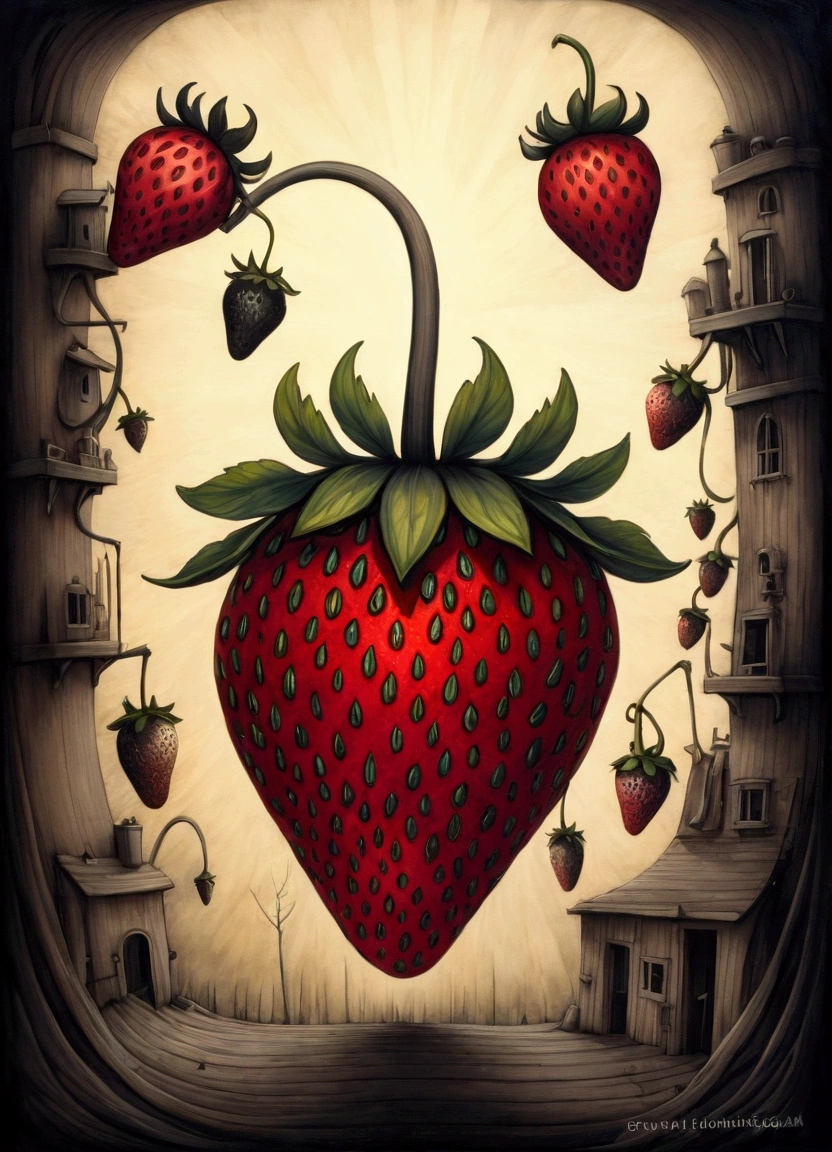 ((Inspired by John Kenn Mortensen)), Fusion of oil painting and watercolor, Artwork depicting a black strawberry, Cool, A ray of light, And various shades and gradients, best quality, Ridiculous, Extremely detailed, Textured Matte,