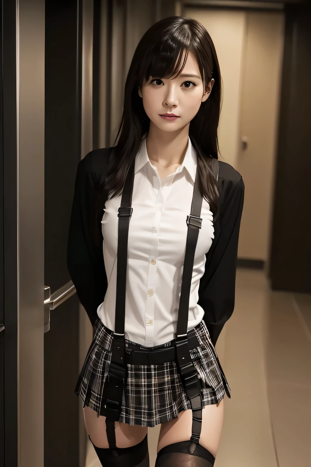 1 female, , high quality, masterpiece, Ultra-high resolution, Cinema Lighting, 1 female, , high quality, masterpiece, Ultra-high resolution, , Cinema Lighting, suspenders Moderate breasts Small face Looking up Sweat Thin belt buzzer 脇Sweat Garter belt Belt on pants holster Hands behind your back Looking up Anxious face Knee-high Knee socks Knee-highソックス garter ふとももにGarter belt Checkered mini skirt Panty shot Skirt gap Armament holster holster Hands behind your back Anxious expression Anxious face, legs apart Armament Leg holster holster See-through clothing heavy rain Rain-soaked dress shirt,