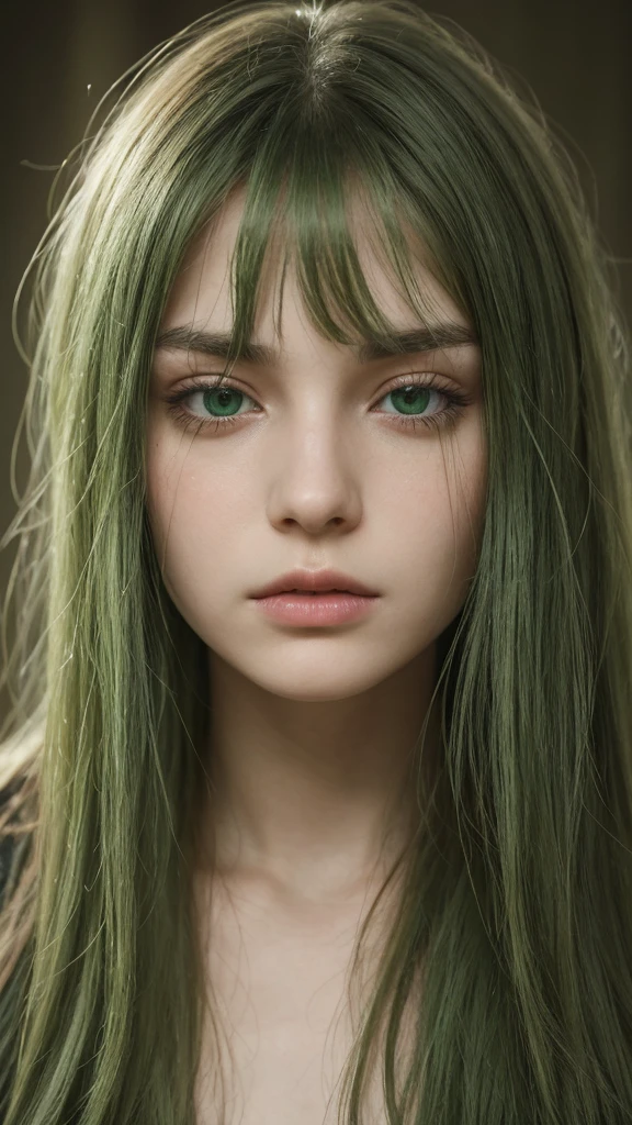 a girl. european. extremely detailed face. oval face. delicate features. long face. sad eyes half-closed. green eyes. long straight hair. messy hair. green hair. angry expression