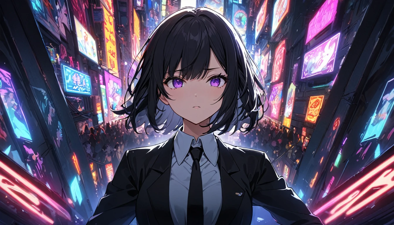 **173. One person。Dramatic confrontation scene。girl。Cowboy shot or close-up。masterpiece, best quality, ultra detailed (Detailed fingers), (Emotional), (main part: 1.2 Whole body。), (Anime Style), (Very detailed), (超High resolution, High resolution), (8k), (High resolution: 1.2), (Complex and beautiful: 1.2)**
- background: City of Darkness、Neon lights。
- girl: A delicately drawn black executive suit、Purple eyes and short black hair。
-pose: Standing on the roof of a high-rise building、With one hand on his hip, he gazes calmly at her.。
-expression: A look that combines dignity and cruelty、Her gaze exudes strong determination。
- Effects: The neon lights accentuate her silhouette.。
-color: The contrast between the colorful neon lights and the black suits is striking.。
