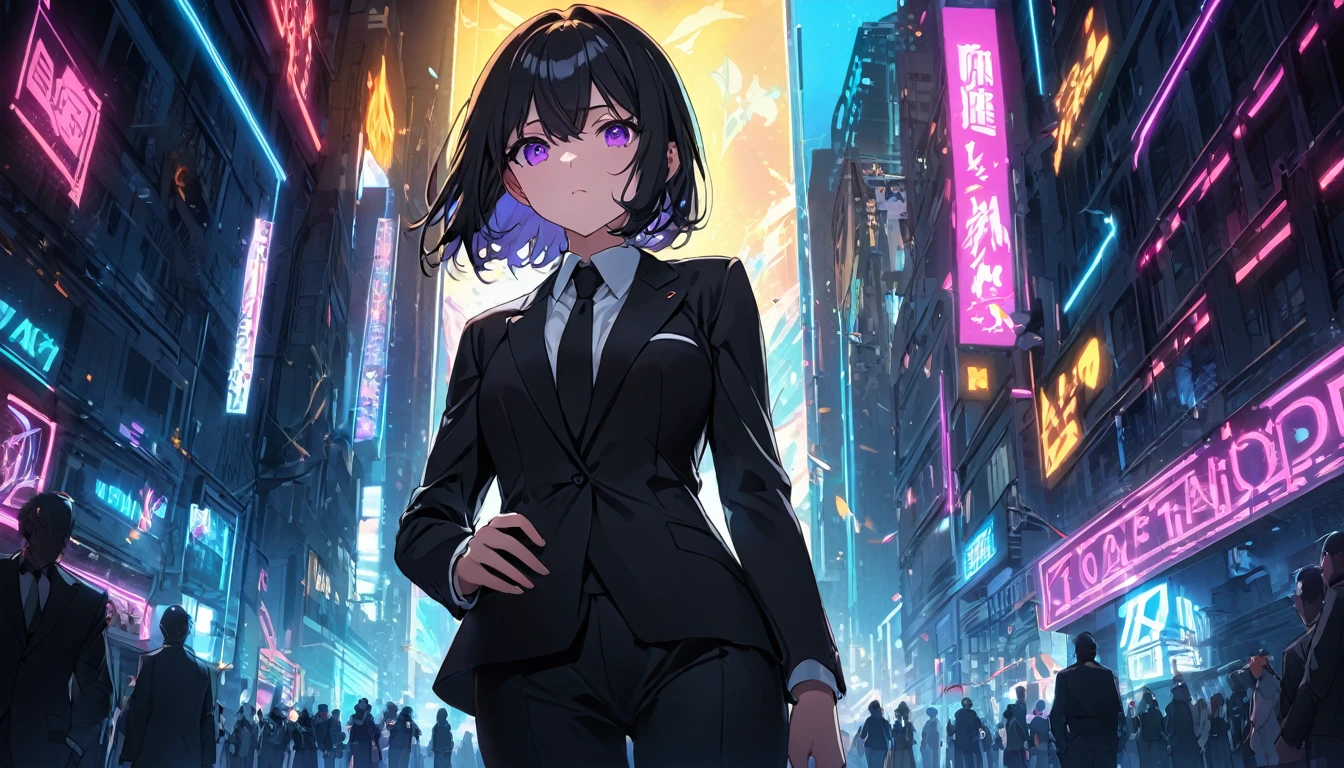 **173. One person。Dramatic confrontation scene。girl。Cowboy shot or close-up。masterpiece, best quality, ultra detailed (Detailed fingers), (Emotional), (main part: 1.2 Whole body。), (Anime Style), (Very detailed), (超High resolution, High resolution), (8k), (High resolution: 1.2), (Complex and beautiful: 1.2)**
- background: City of Darkness、Neon lights。
- girl: A delicately drawn black executive suit、Purple eyes and short black hair。
-pose: Standing on the roof of a high-rise building、With one hand on his hip, he gazes calmly at her.。
-expression: A look that combines dignity and cruelty、Her gaze exudes strong determination。
- Effects: The neon lights accentuate her silhouette.。
-color: The contrast between the colorful neon lights and the black suits is striking.。
