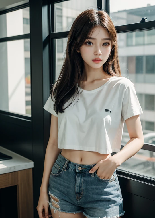 A woman stands in front of the window., With a torn cropped t-shirt, Korean female fashion model, beautiful south korean women, หญิงKorean girlที่งดงาม, Torn clothes, Realistic young gravure idol, หญิงKorean girlที่สวยงาม, Open V-chest shirt, Korean girl, Heonhwa Cho, Sakimichan Hdri