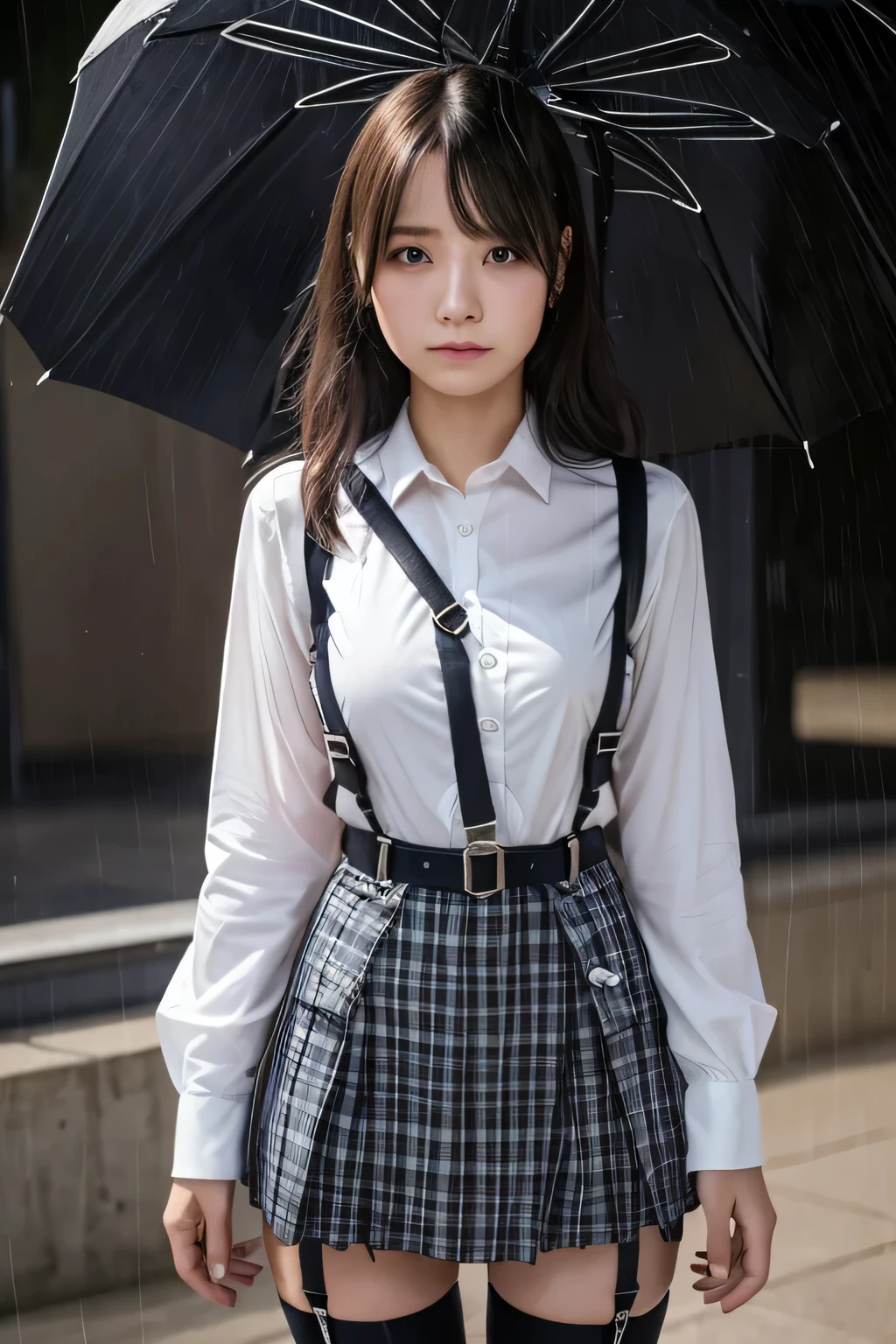 1 female, , high quality, masterpiece, Ultra-high resolution, Cinema Lighting, 1 female, , high quality, masterpiece, Ultra-high resolution, , Cinema Lighting, suspenders　　　Moderate breasts　 　 　　　　　 　　　　Small face　 　　　　　　　　　　　Looking up　　　　Sweat 　　　Thin belt　buzzer　脇Sweat 　　　　 　Garter belt　　Belt on pants　　holster　 　　Hands behind your back　 　Looking up　Anxious face　Knee-high　Knee socks　Knee-highソックス 　garter　ふとももにGarter belt　Checkered mini skirt　 　　Panty shot　Skirt gap Armament　　　holster　holster 　　Hands behind your back　 Anxious expression　　Anxious face, legs apart　Armament　　Leg holster　holster　See-through clothing　heavy rain　Rain-soaked dress shirt,