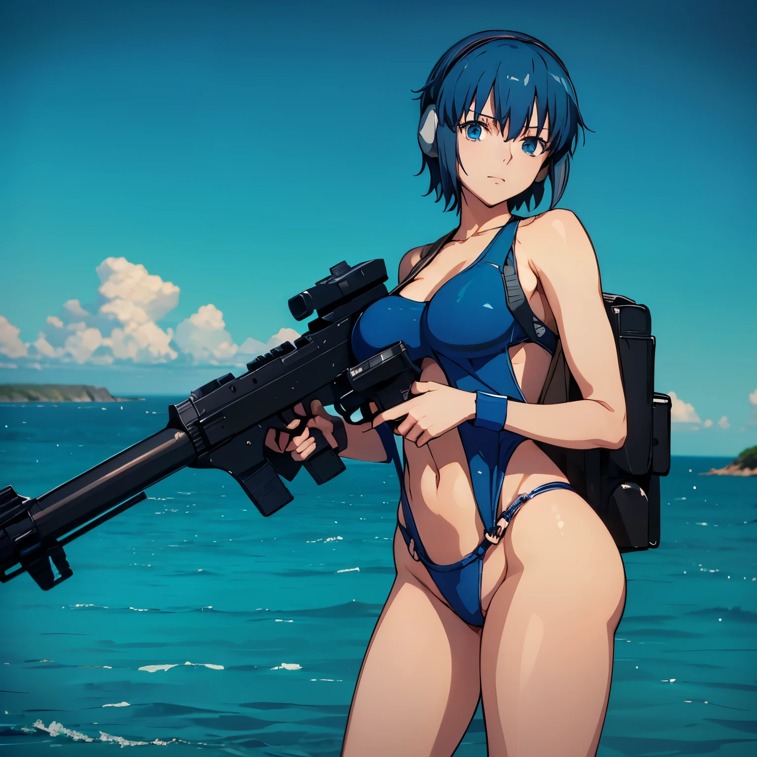 Imperial Guard Combat Uniform Swimsuit, o-ring bikini, v gundam, swimsuit, absurdres, highres, solo, cowboy shot, 1girl, neneka nibrou \(cosplay\), wristband, headphone, holster, backpack, holding gun, aiming, perfect hands, wind, (highres,best_quality,masterpiece), medium breast, ciel_(tsukihime), blue hair, blue eyes, short hair, (((ocean background, sea background))), (((standing at water)))