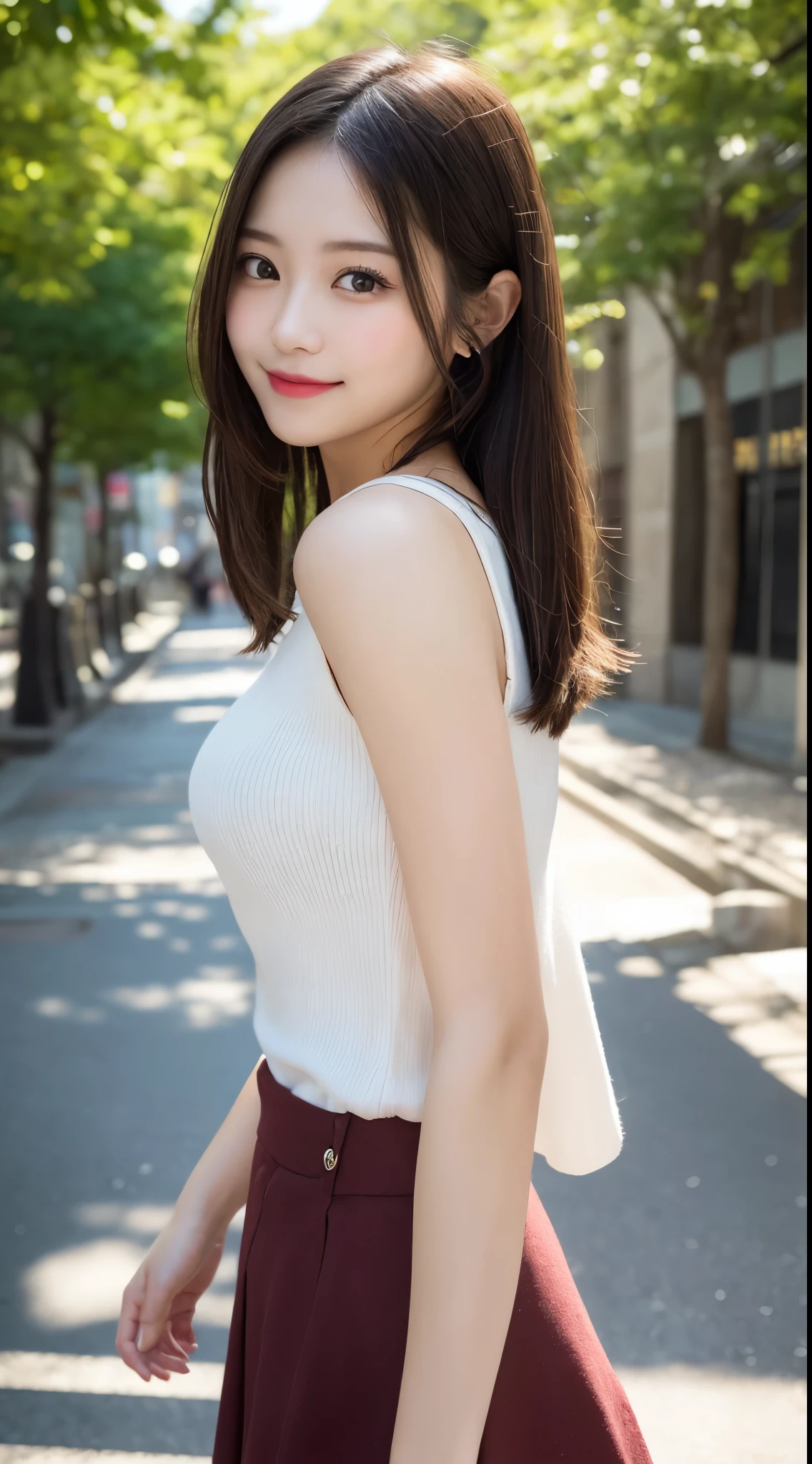 Tabletop, Highest quality, shape, Very detailed, finely, High resolution, 8k wallpaper, 完璧なダイナミックな構shape, Beautiful and detailed, Beautiful straight hair,Small breasts,Natural color lip, 20-year-old girl、cute、Always blur the background,Perfect and beautiful face,Slim face and figure,Big eyes、Putting on gal makeup,Actual Photos（Best image quality）、smile、Ginkgo tree-lined street