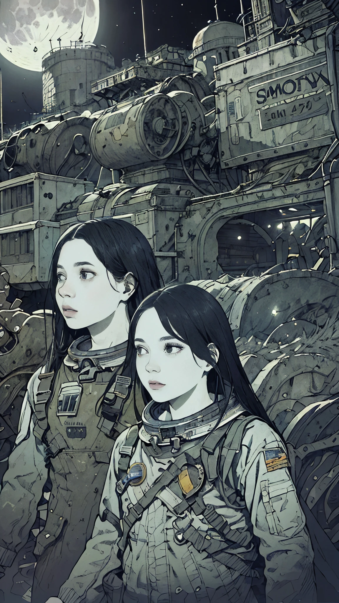 8k、High resolution、Super detailed、masterpiece、Sharp Shadows、One personの女性、24-years-old、Ruined Moon City、Astronaut Uniform、Monochrome、Intricate machinery、(Outdated machinery:1.3)、Upper Body、 (One person:1.2)、Moderate bust、Black Hair、Long Hair、masterpiece、1970s。