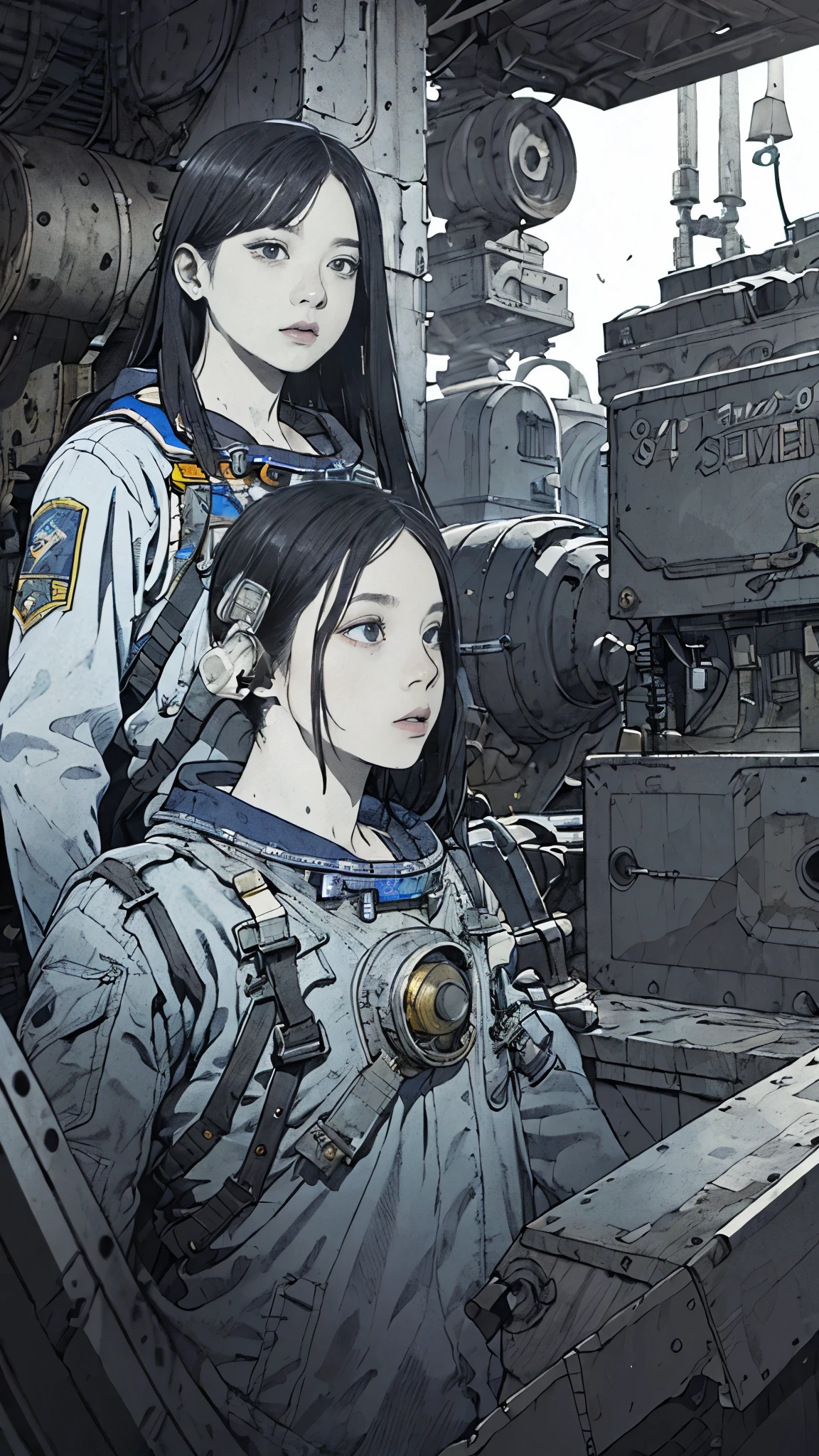 8k、High resolution、Super detailed、masterpiece、Sharp Shadows、One personの女性、24-years-old、Rocket cockpit、Astronaut Uniform、Monochrome、Intricate machinery、(Outdated machinery:1.3)、Upper Body、 (One person:1.2)、Moderate bust、Black Hair、Long Hair、masterpiece、1970s。