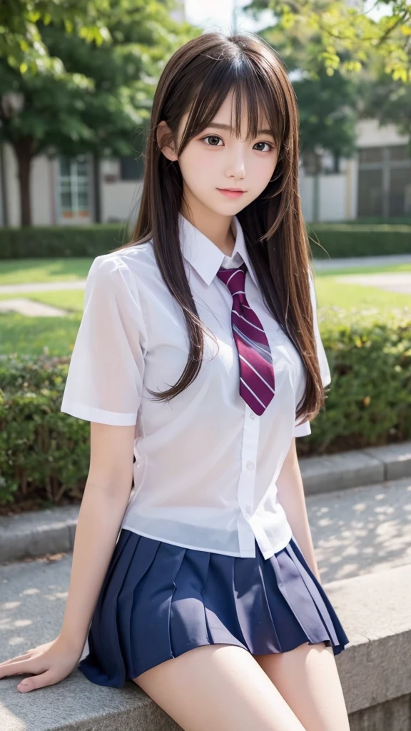 beautiful girl、high school girl、uniform、mini skirt、See-through、Fluttering in the wind、sit