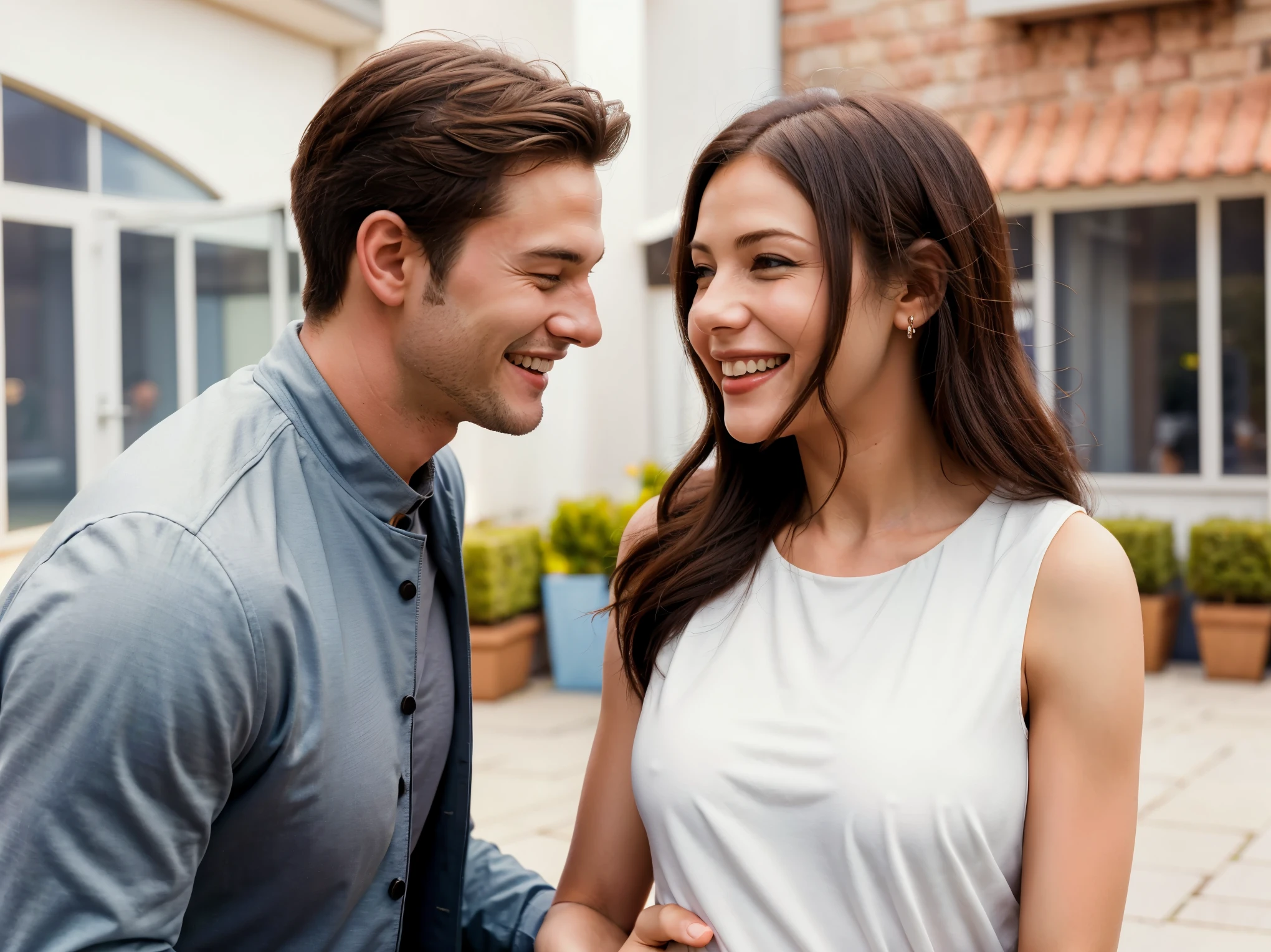 a man and woman are smiling and talking, istockphoto, man grabbing a womans waist, smiling couple, high quality fantasy stock photo, trending on shutterstock, alamy stock photo, stockphoto, a stock photo, greeting hand on head, man proposing his girlfriend, man and woman in love, images on the sales website, stock photo