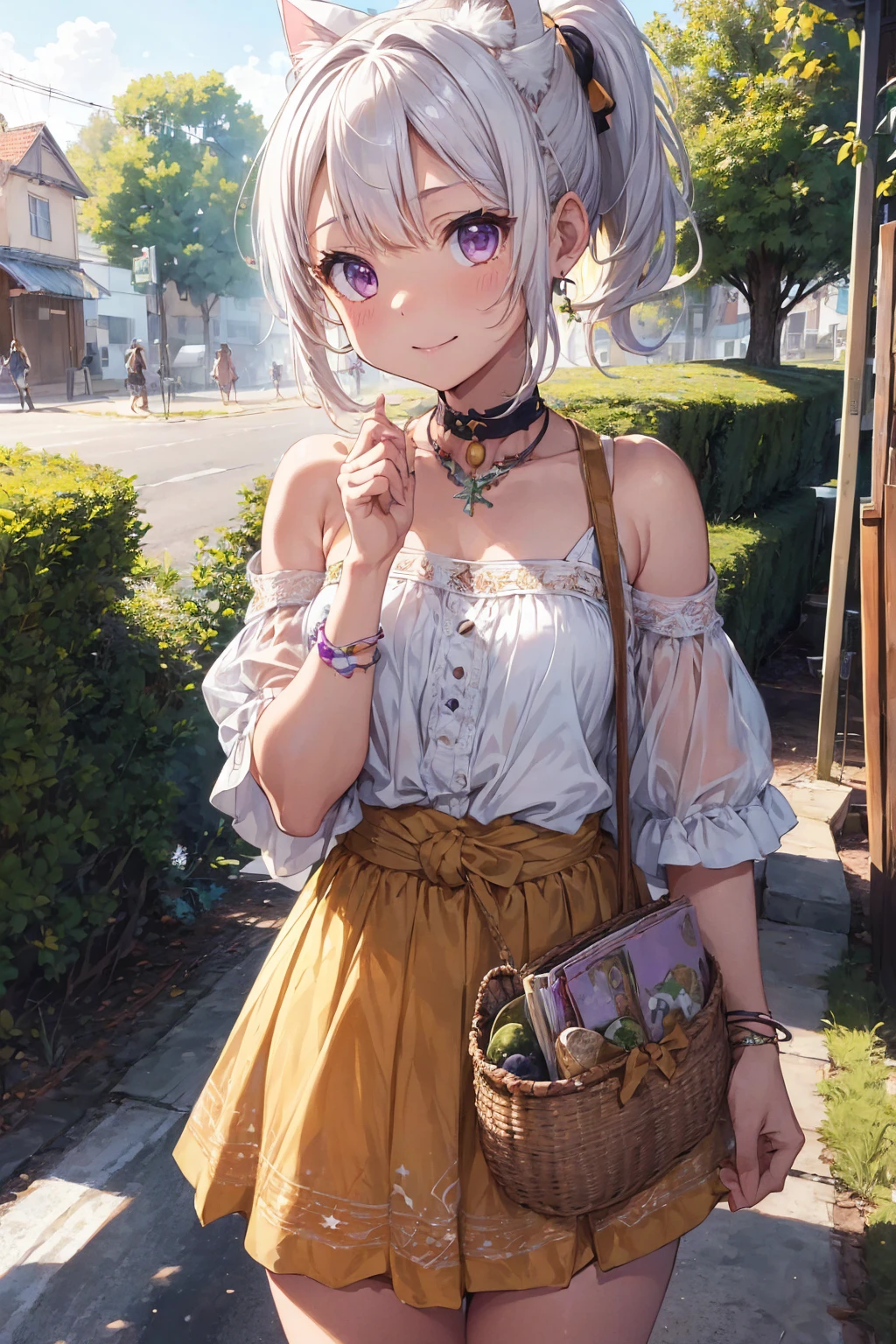 (((masterpiece))), (((Highest quality))), ((Very detailed)), ((Very detailedなイラスト)), ((Ultra-fine painting)), (16K Highest quality wallpaper:1.4), (Detailed and elaborate illustration style,:1.8) Detailed skin texture, High quality fabric, , (T-masterpiece), (Very detailedな顔:1.4), original, RAW Photos, Professional, Intricate details, Very detailed, Direct sunlight:1.6, ,(Cowboy Shot:1.9)、(Perfect Anatomy:1.4), (Extremely elaborate hands:1.2), (Very elaborate fingers:1.2), (Very elaborate fingers先:1.2),, (alone:1.6), (beautiful and adorable cat ears:1.6), (Intricate and delicate white cat ears:1.5), (beautiful, Shiny white hair:1.6), (Very thin and delicate white hair:1.4),, (Very detailedな顔:1.4),(Light purple eyes:1.6),(smile:1.4),(ponytail:1.7),(wariza:1.9),//Character
1girl,
BREAK
//Fashions 
Boho Chic Pareo Ensemble
A bohemian-inspired pareo ensemble that blends comfort with stylish flair, The top is a bandeau bikini made of soft, earthy-toned fabric with a subtle tribal print, The bandeau has a knotted center and detachable straps for versatile styling, 
BREAK
The matching pareo is a medium-length wrap skirt made of lightweight, flowy fabric in coordinating earthy tones and tribal patterns, The skirt features a high slit on one side, adding a touch of allure, and can be tied at the waist or hip for a customizable fit, Accessories include beaded anklets, layered necklaces, and a fringed crossbody bag to enhance the boho vibe, This set is perfect for beach outings, music festivals, or casual summer gatherings,
BREAK