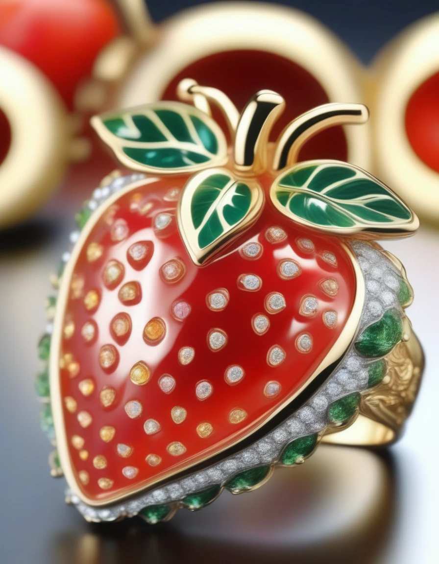 A beautiful detailed jewelry ring in the shape of a strawberry, photo-realistic, high quality, vivid colors, natural lighting, intricate details, glass-like shine, precious gemstones, luxury, 8k, detailed texture, masterpiece