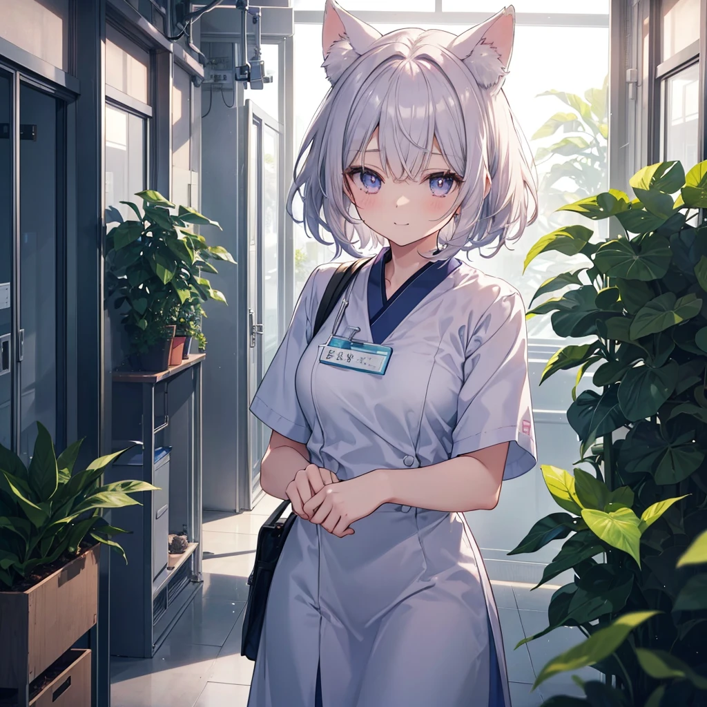 Display to the top of the head.one girl.独奏. It should be a bust-up (from chest up) with high resolution and detailed depiction. Please create an anime-style illustration of a young nurse aide. She has soft, wavy short hair in a silver color with a subtle pink-purple tint. Her eyes are large, expressive, and blue, with a gentle yet serious expression. She is wearing light blue or white scrubs with a name tag. She is standing in a brightly lit hospital corridor, with plants and medical equipment in the background. The lighting is soft, casting gentle shadows to enhance the atmosphere. She is smiling.Animal ears,