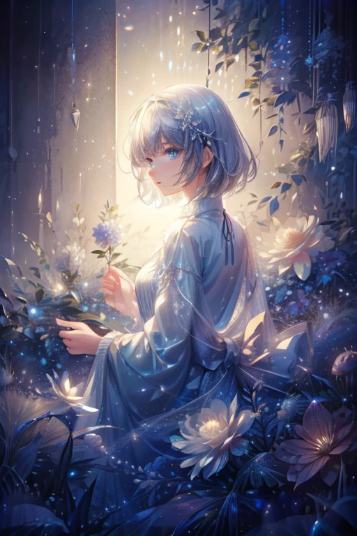 (masterpiece、8k、Highest quality)、(Soft Light:1.3), Detailed face, Long Hair,fine grain, dress, Beautiful digital art, landscape, Soft backlight, Lots of flowers, forest, Gentle blue eyes,Short Hair, Winters, warm, warm light, Moonlit Night