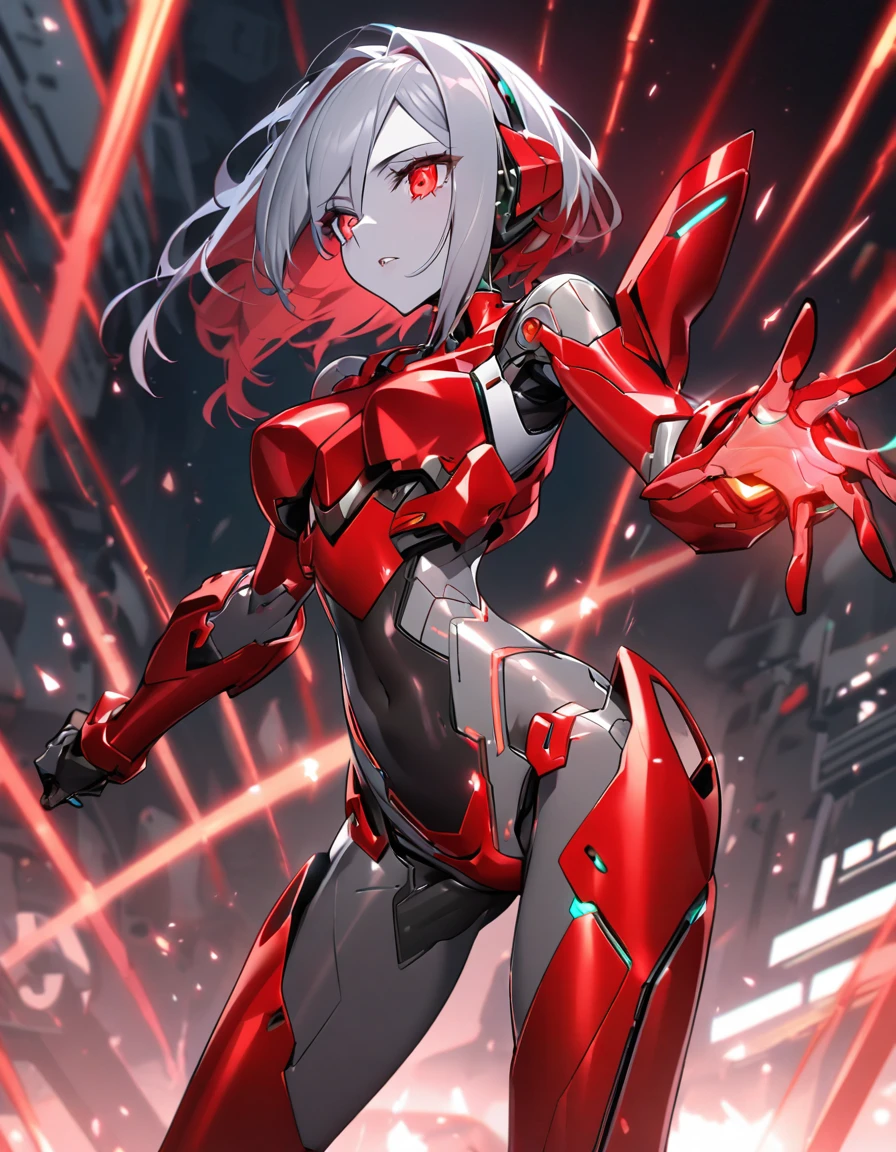 science fiction, android girl(metallic skin, cyber joint, coating red hair, red flash eyes, red armor legs)