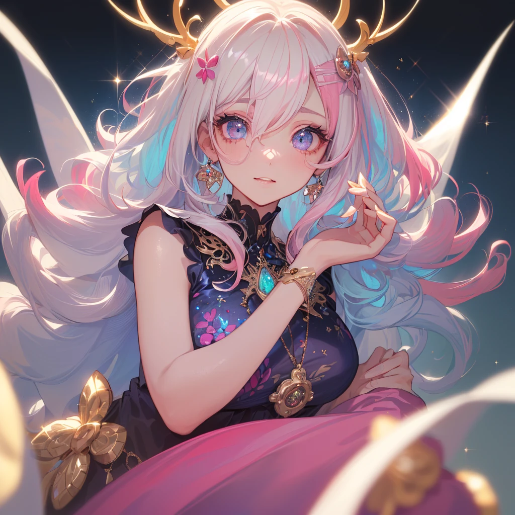 (Best Quality:1.3),4K,8K,8K Portrait,16 K,(masutepiece:1.2),1girl in,Solo,(maximalism:1.5),opal,ultra-detailliert,absurderes,(very detailed beautiful face and eyes:1.3),
(Highly detailed beautiful hair:1.3),delicate composition,(full-length figure:1.5),
Super cute girl,(long curly Hair:1.4), light Pink eyes,light blue eyes, light purple eyes,(white blonde hair:1.5),(Pink hair:1.4),(Light blue hair:1.4),(,(Jewelry Hair Ornaments:1.3),
(jewelry eyes:1.3),(Eyelashes:1.2),(symbol in eyes:1.3),(hight resolution, Twinkle,Glitter,Lens Flare,light Particle,Shining:1.3),(Cute:1.5),(clear face:1.5),(closer to viewer:1.5)