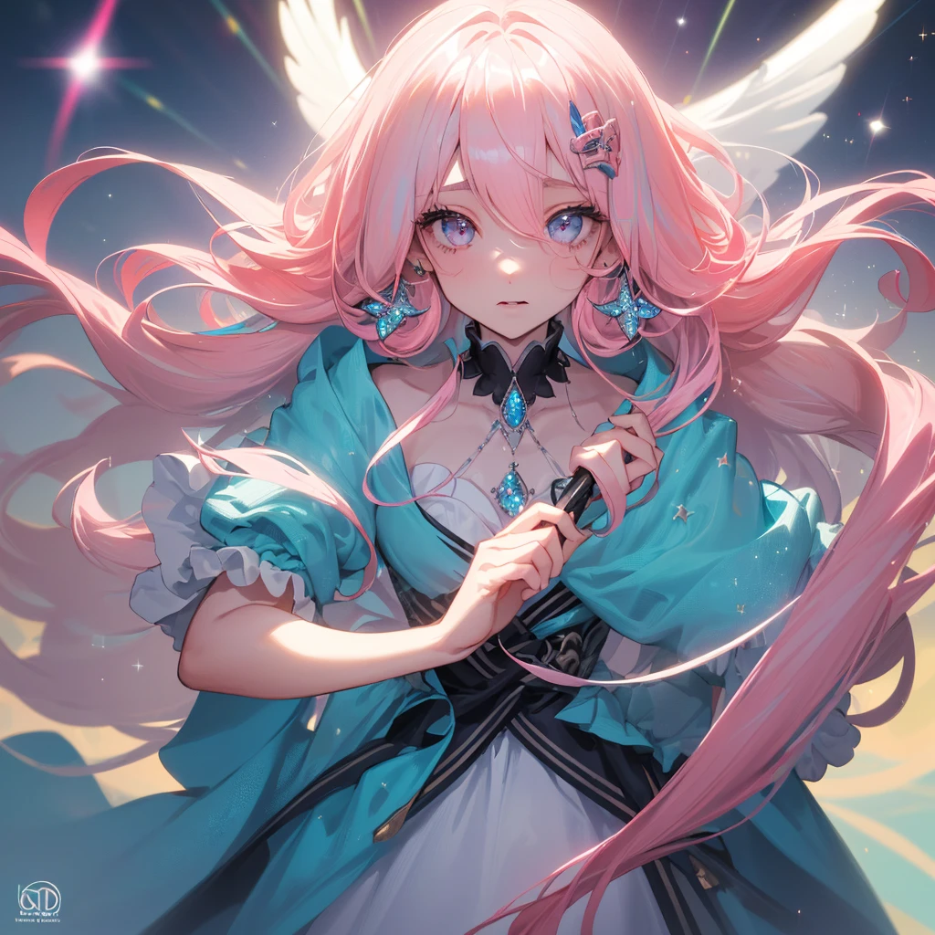 (Best Quality:1.3),4K,8K,8K Portrait,16 K,(masutepiece:1.2),1girl in,Solo,(maximalism:1.5),opal,ultra-detailliert,absurderes,(very detailed beautiful face and eyes:1.3),
(Highly detailed beautiful hair:1.3),delicate composition,(full-length figure:1.5),
Super cute girl,(long curly Hair:1.4), light Pink eyes,light blue eyes, light purple eyes,(white blonde hair:1.5),(Pink hair:1.4),(Light blue hair:1.4),(,(Jewelry Hair Ornaments:1.3),
(jewelry eyes:1.3),(Eyelashes:1.2),(symbol in eyes:1.3),(hight resolution, Twinkle,Glitter,Lens Flare,light Particle,Shining:1.3),(Cute:1.5),(clear face:1.5),(closer to viewer:1.5)