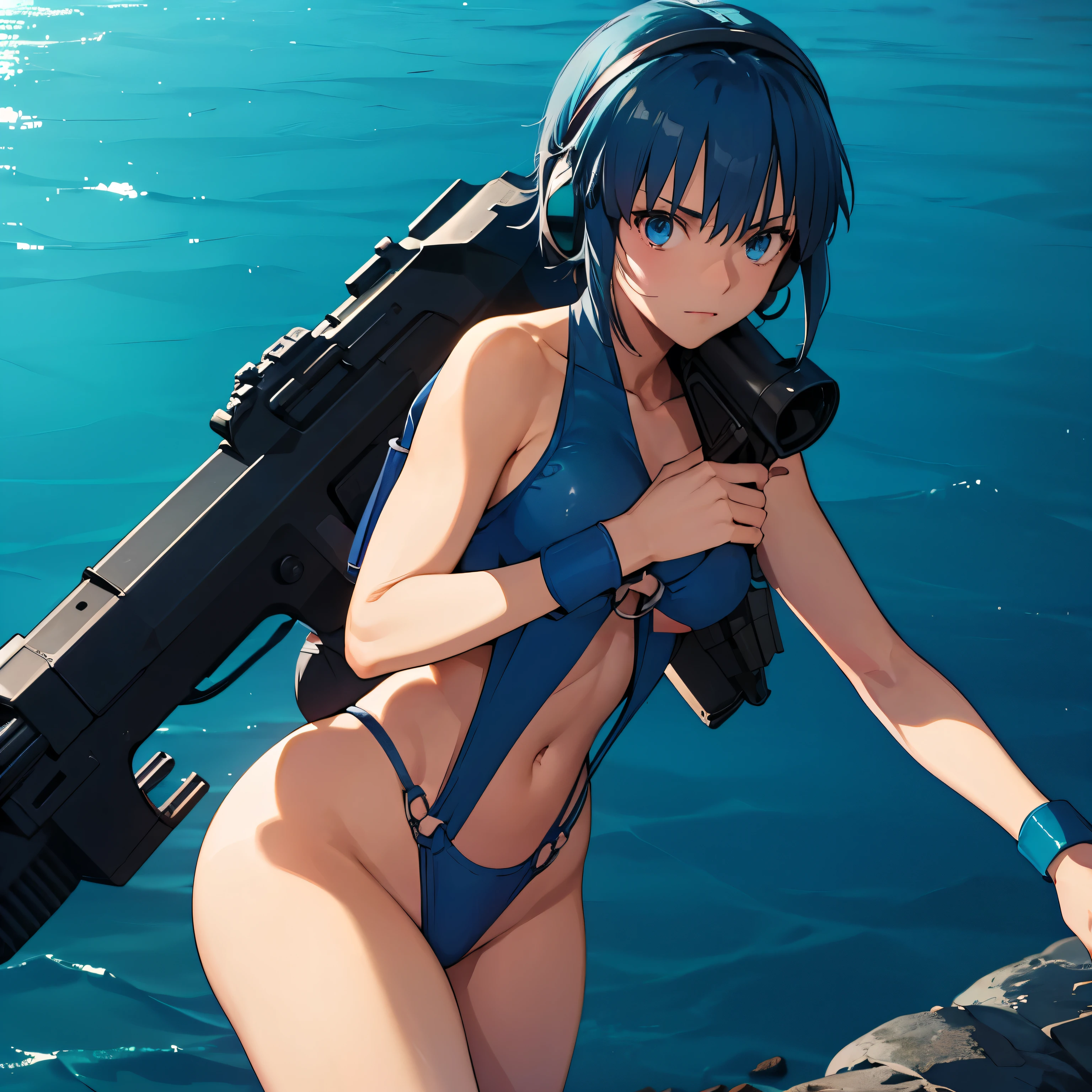 Imperial Guard Combat Uniform Swimsuit, o-ring bikini, v gundam, swimsuit, absurdres, highres, solo, cowboy shot, 1girl, neneka nibrou \(cosplay\), wristband, headphone, holster, backpack, holding gun, aiming, perfect hands, wind, (highres,best_quality,masterpiece), medium breast, ciel_(tsukihime), blue hair, blue eyes, short hair, (((ocean background, sea background))), (((standing at water)))