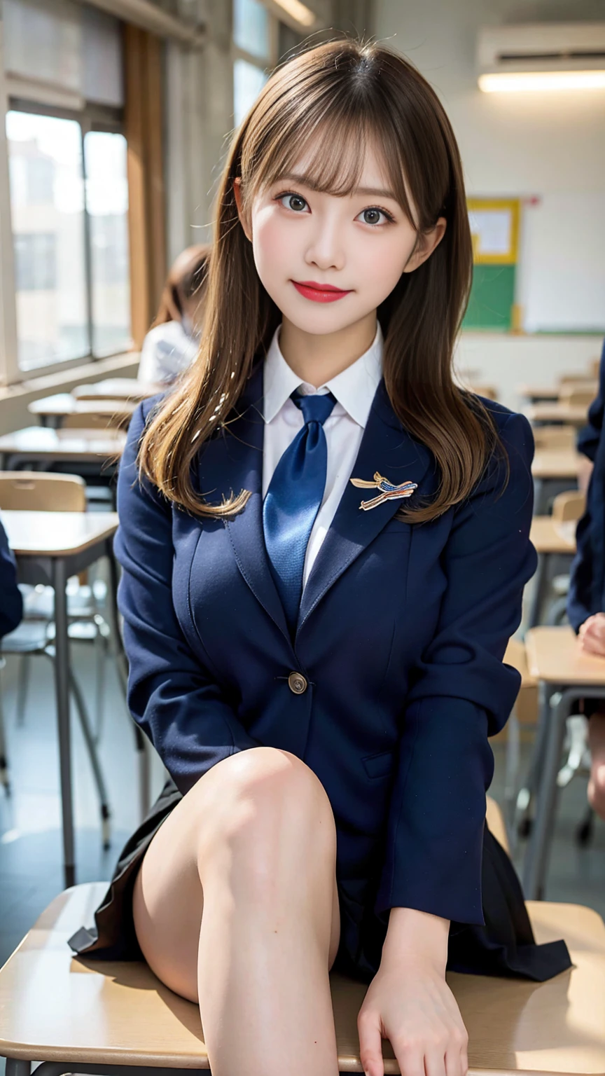 (Masterpiece, Masterpiece, 8k), One beautiful woman, Long blonde hair, blue eyes, A blue ribbon in her hair, High School Outfit, Black blazer, Dark navy pleated skirt, Blue tie, Medium breast, Thighs, barefoot, In the classroom, Serious expression, High resolution, Blur the background, (Smile), Medium Bust