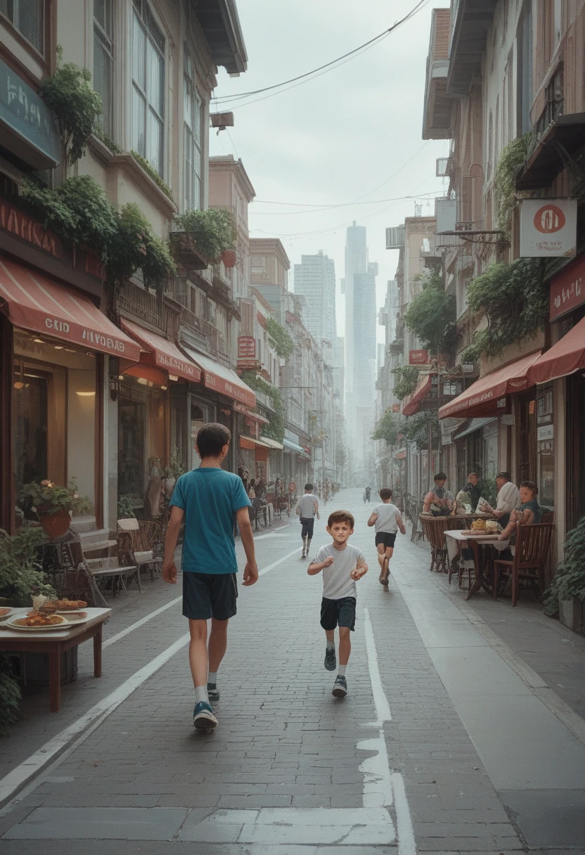Character a young boy , running and bumping into another taller boy. urban scenery, bump, full body characters. dinner side view, very detailed artwork, face detailed