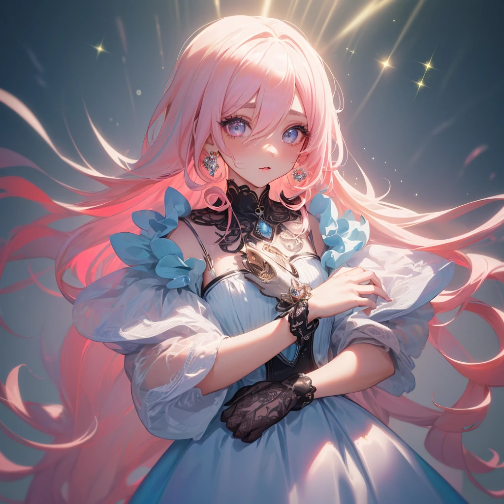 (Best Quality:1.3),4K,8K,8K Portrait,16 K,(masutepiece:1.2),1girl in,Solo,(maximalism:1.5),opal,ultra-detailliert,absurderes,(very detailed beautiful face and eyes:1.3),
(Highly detailed beautiful hair:1.3),delicate composition,(full-length figure:1.5),
Super cute girl,(long curly Hair:1.4), light Pink eyes,light blue  eyes, light purple eyes,(white blonde hair:1.5),(Pink hair:1.4),(Light blue hair:1.4),(,(Jewelry Hair Ornaments:1.3),
(jewelry eyes:1.3),(Eyelashes:1.2),(symbol in eyes:1.3),(hight resolution, Twinkle,Glitter,Lens Flare,light Particle,Shining:1.3),(Cute:1.5),(clear face:1.5),(closer to viewer:1.5)