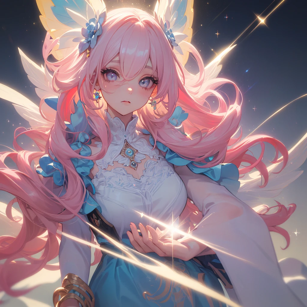(Best Quality:1.3),4K,8K,8K Portrait,16 K,(masutepiece:1.2),1girl in,Solo,(maximalism:1.5),opal,ultra-detailliert,absurderes,(very detailed beautiful face and eyes:1.3),
(Highly detailed beautiful hair:1.3),delicate composition,(full-length figure:1.5),
Super cute girl,(long curly Hair:1.4), light Pink eyes,light blue eyes, light purple eyes,(white blonde hair:1.5),(Pink hair:1.4),(Light blue hair:1.4),(,(Jewelry Hair Ornaments:1.3),
(jewelry eyes:1.3),(Eyelashes:1.2),(symbol in eyes:1.3),(hight resolution, Twinkle,Glitter,Lens Flare,light Particle,Shining:1.3),(Cute:1.5),(clear face:1.5),(closer to viewer:1.5)