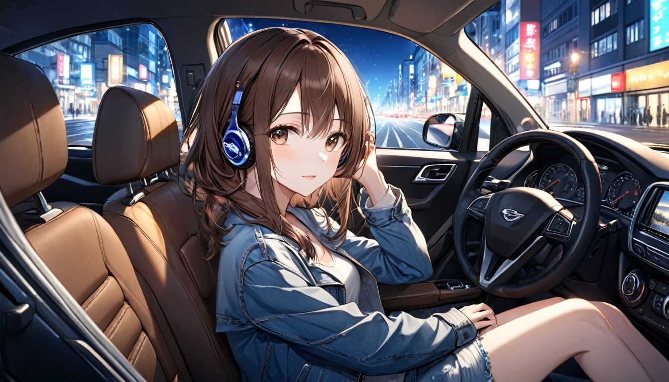 Brown-haired girl wearing headphones、Scene background of driving through the city at night in the passenger seat of a car:Night city and car interior look:A costume with a relaxed expression looking outside:Casual jacket and denim pose:Sit in the passenger seat、Enjoying the city view:The rhythm of the street lights at night and the silence inside the car
(Detailed fingers), (Emotional), (Breathtakingly beautiful), (main part:1.2 Whole body), (Anime Style), (Very detailed), (超High resolution, High resolution), (8k), (Complex and beautiful: 1.2)