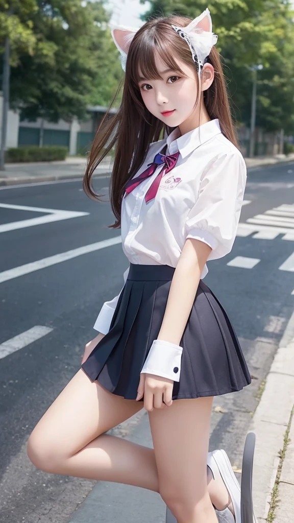 beautiful girl、high school girl、uniform、mini skirt、See-through、Fluttering in the wind、sit、White cat ears