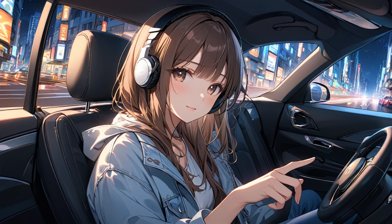 Brown-haired girl wearing headphones、Scene background of driving through the city at night in the passenger seat of a car:Night city and car interior look:A costume with a relaxed expression looking outside:Casual jacket and denim pose:Sit in the passenger seat、Enjoying the city view:The rhythm of the street lights at night and the silence inside the car
(Detailed fingers), (Emotional), (Breathtakingly beautiful), (main part:1.2 Whole body), (Anime Style), (Very detailed), (超High resolution, High resolution), (8k), (Complex and beautiful: 1.2)