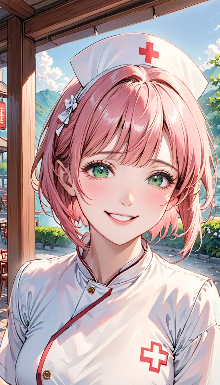 Short pink hair,Green eyes,1 girl,White nurse uniform,No hat,There is a white bow on the head,floating long dress,上Half Body,Facing the camera,Happy expression,Joyful atmosphere,Close-up of face,HD face,high quality,Open-air restaurant,Half Body,clear,