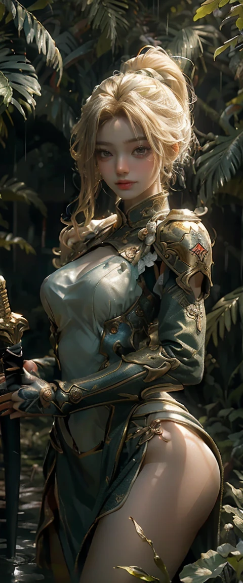 In the primeval jungle，A beautiful blonde Saint Seiya is standing in a striking posture。She wore a suit of shining golden armor，The armor is decorated with exquisite patterns and designs.，Reflecting the faint light of sunlight。Her blond hair was wet and stuck to her shoulders and back.，The fine rain formed small drops on the ends of her hair，As her breath trembled slightly。Her face showed a firm and resolute expression.，The blue eyes are as eye-catching as the deep lake。

Her figure is curvy and powerful，The plump and enchanting curves are particularly charming against the armor.。She held her sword firmly in her hand.，The sword flashes with a cold light，Seems ready to take on challenges。The surrounding jungle was washed fresher by the intensive rain.，The water on the ground is flashing with tiny spots of light，Forming a vivid natural picture。Vivid details of the picture，The whole scene presents a vivid and realistic texture。