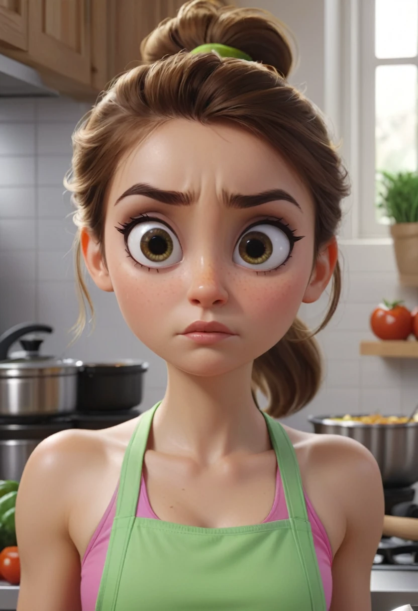 Girl cooking in the kitchen after her gym workout her face so serious in expression. Close up. High quality Pixar hyper realistic image. 4k