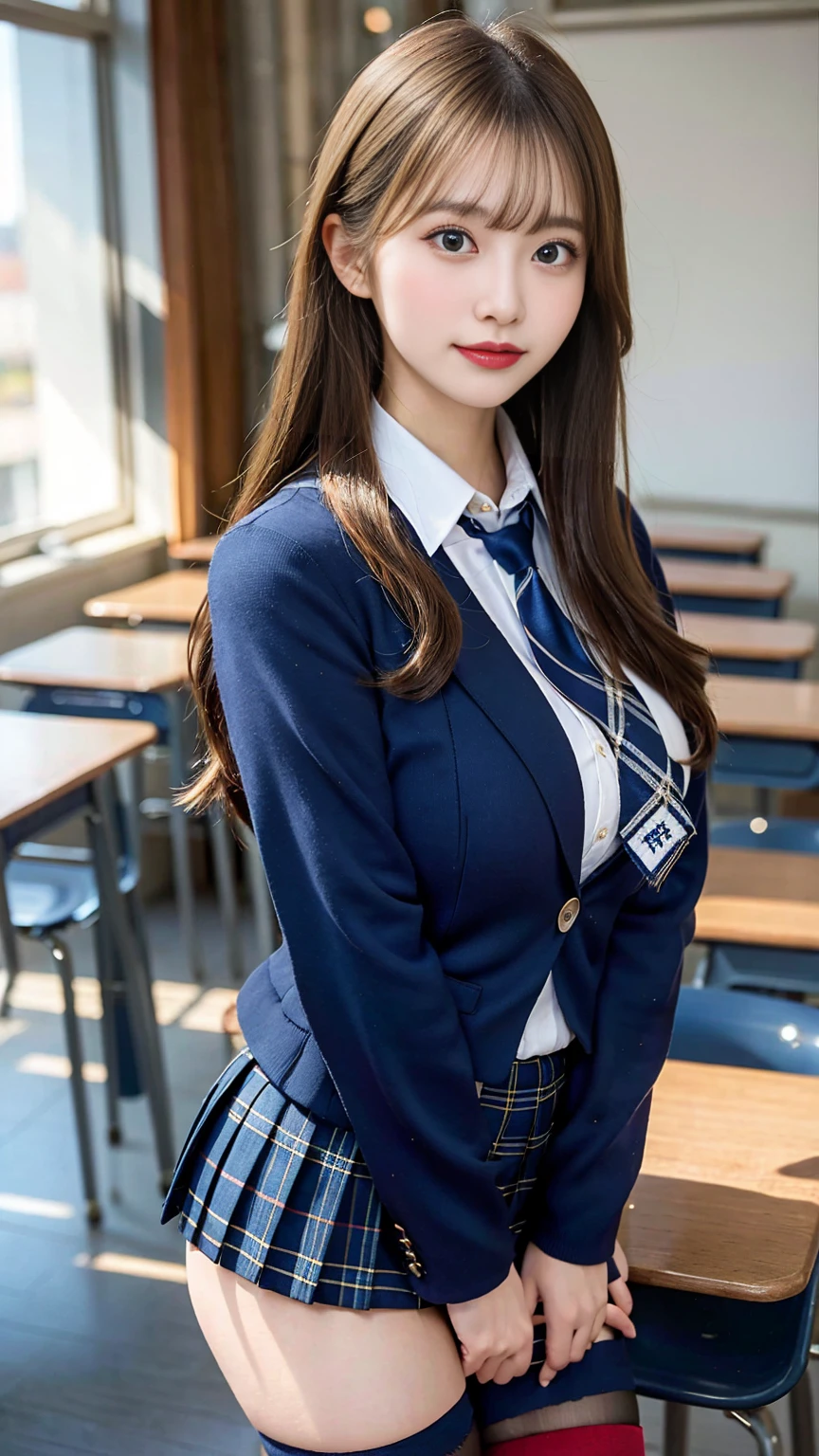 (Masterpiece, Masterpiece, 8k), One beautiful woman, Long blonde hair, blue eyes, A blue ribbon in her hair, High School Outfit, Black blazer, Checkered pleated skirt, Blue tie, Big Breasts, Thighs, Wearing high stockings, In the classroom, Serious expression, High resolution, Blur the background, Smile, Medium Bust