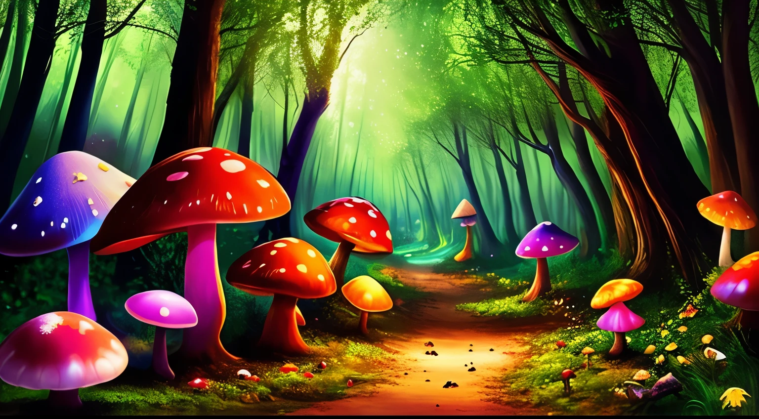 Paint the forest background in Alice in Wonderland., ,Magical atmosphere, Mysterious atmosphere,bright colors, Classic style, Evening tone,flower, Twinkling Lights - Monsters,The mushrooms look realistic.,Vertical Image,HD