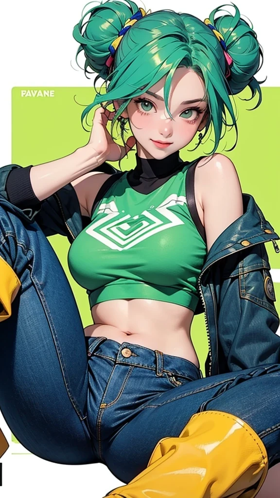 Detailed illustration in anime style. A young woman with a confident, slightly smirking expression. She is looking straight ahead with a focused gaze. She has bright green hair tied up in two buns with side strands. She wears a unique blue outfit with neon green and yellow accents. The top is a sleeveless crop top with a geometric pattern that exposes her stomach. The pants are form-fitting, with a matching pattern and knee-length green and yellow patches. Blue boots with green soles. She is posed with her right hand resting on her left hip and the other hand raised, fingers lightly touching her cheek. Her body posture is relaxed but confident, with one leg slightly bent and the other leg stretched out. The overall look is bold and stylish, featuring fine details in the clothing and a vibrant color scheme.