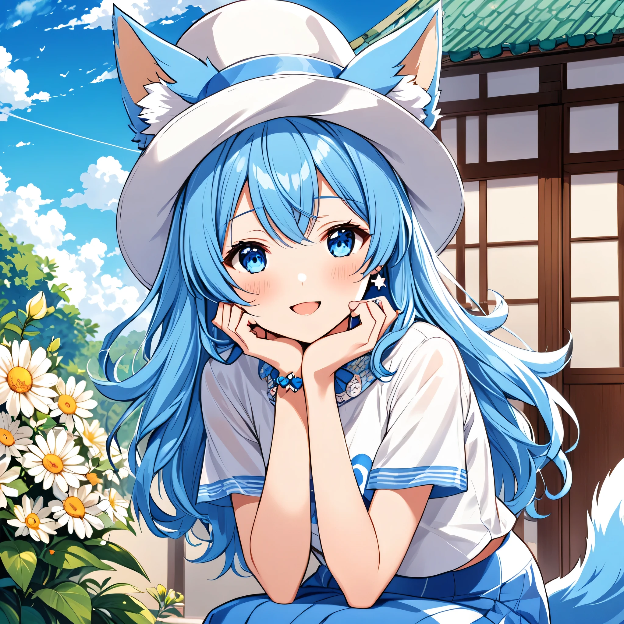 The mascot of the Anime Lover Brazil website is a Japanese demi-human journalist with a charming appearance and a vibrant personality.. Your hair is sky blue, long and a little wavy, falling gracefully from the shoulders. Your eyes are big and clear, always glowing with curiosity and enthusiasm. The skin is clear and smooth, highlighting your semi-human nature with a delicate lightness.The mascot has wolf ears covered in soft blue fur, positioned on top of the head, giving a lovely and distinctive appearance. She has a blue wolf tail that wags happily, reflecting your emotions.For the summer look, the mascot wears an elegant hat, a white micro t-shirt with a high collar and no drawings or illustrations, well-fitting and beautifully designed suitable for your age, and a low-waisted pencil skirt decorated with small stars or flower designs for a stylish touch. . Her feet are slender and exposed appropriately and innocently, destacando sua figura esbelta. She also wears small heart or star shaped earrings., adding extra charm.The mascot is often seen with its arms cutely crossed or with one hand raised, as if explaining something enthusiastically. She always wears a beaming smile or an expression of curiosity, ready to discover new stories.