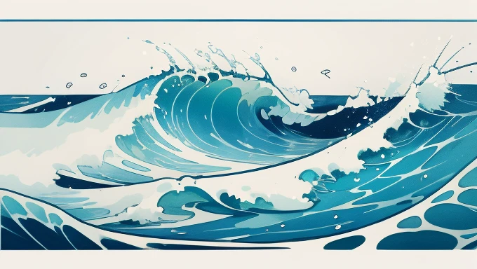 Wave design, Simple, pattern, Can draw, 美しいWave design, Japanese style、Ukiyo-e、No border、There is momentum、Monotonous colors、White background、Only waves、A ship is coming straight ahead、Waves breaking