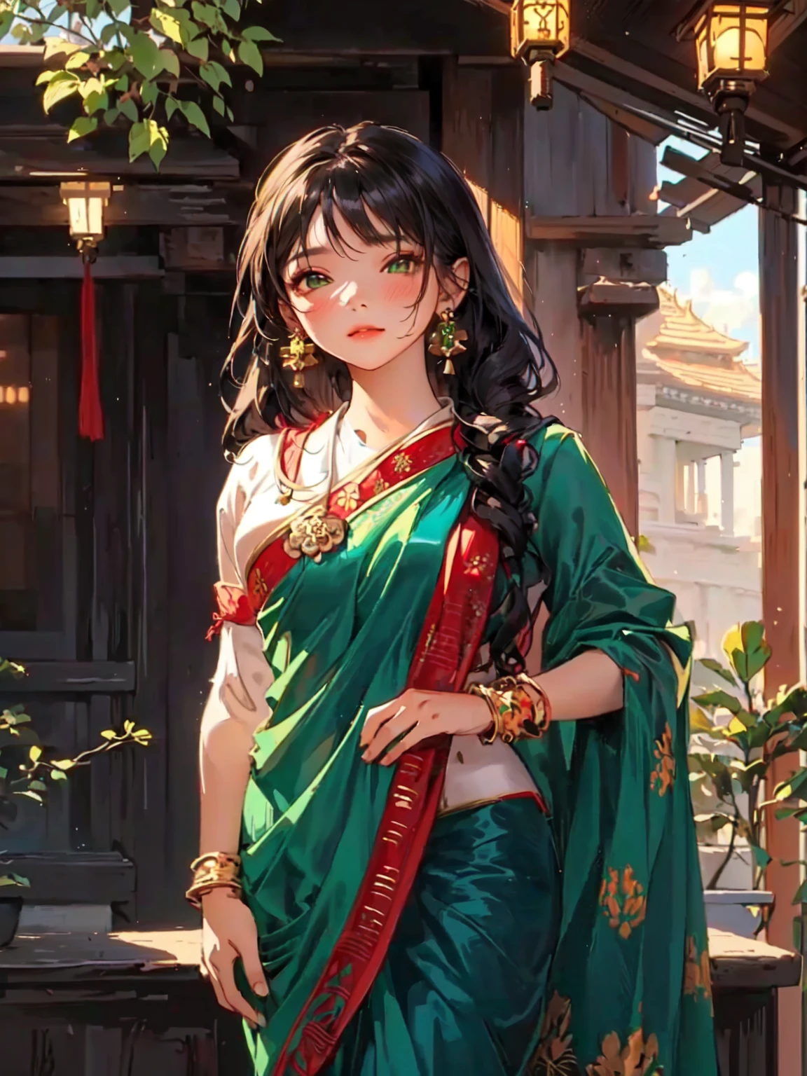 a woman in a green sari standing in front of a building, artwork in the style of guweiz, beautiful character painting, anime style 4 k, palace ， a girl in hanfu, detailed digital anime art, dressed in a sari, extremely detailed artgerm, guweiz, anime art wallpaper 8 k, detailed portrait of anime girl