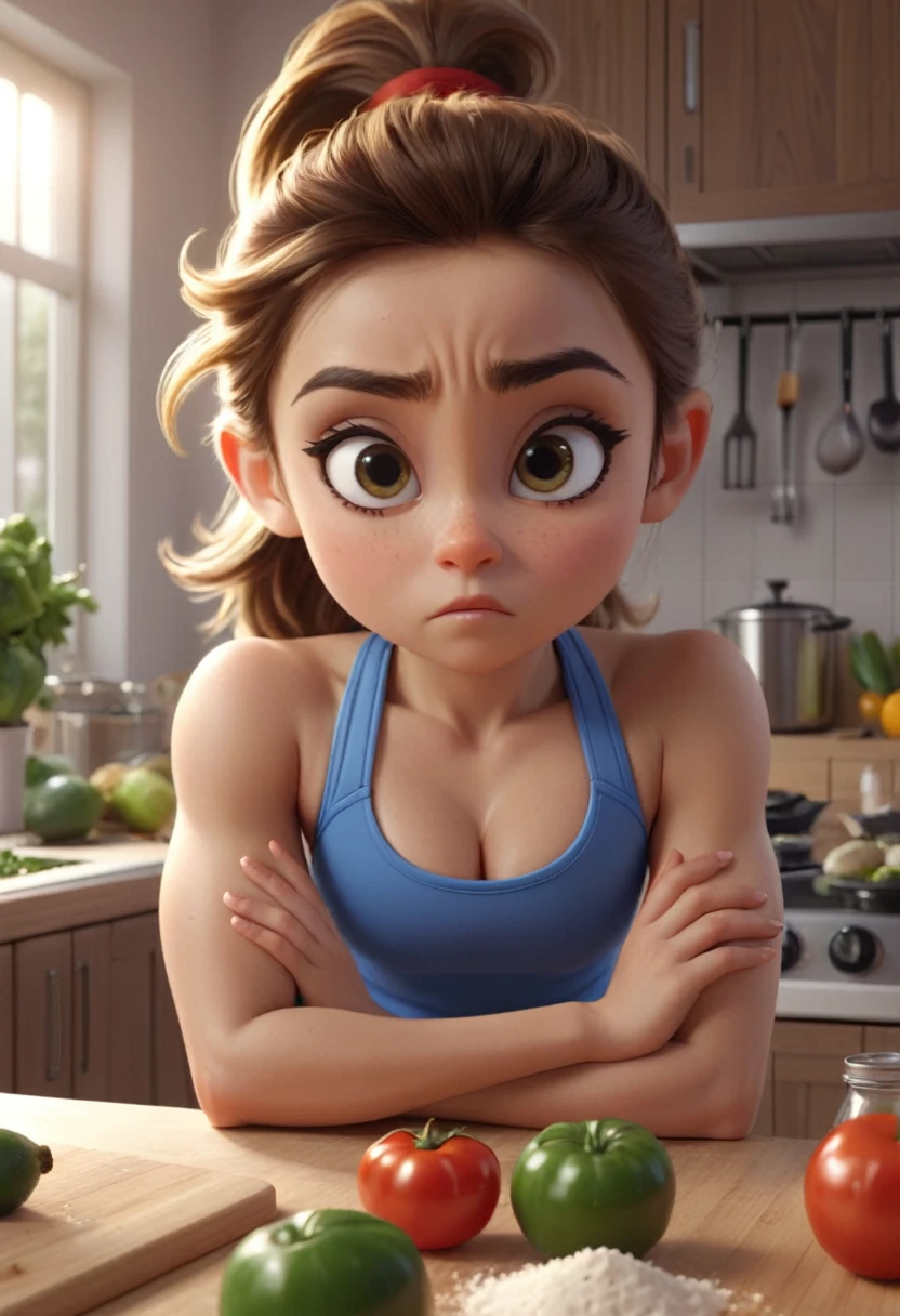Girl cooking in the kitchen after her gym. She's little muscular workout her face so serious in expression. Close up. High quality Pixar hyper realistic image. 4k