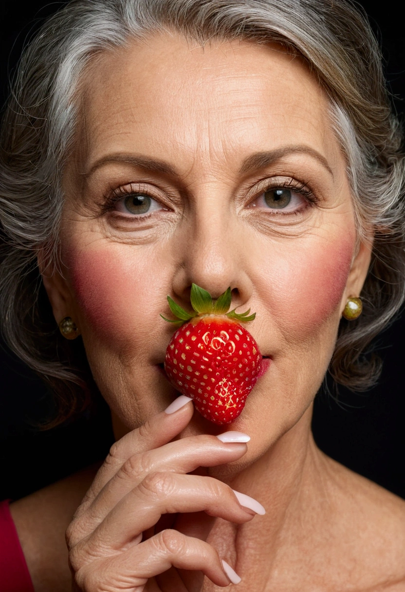 Beautiful mature woman holding a strawberry between her lips