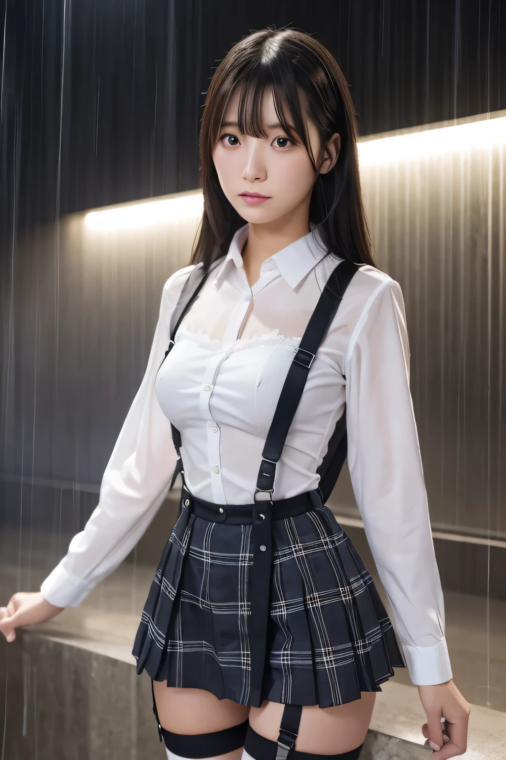 1 female, , high quality, masterpiece, Ultra-high resolution, Cinema Lighting, 1 female, , high quality, masterpiece, Ultra-high resolution, , Cinema Lighting, suspenders Moderate breasts Small face Looking up Sweat Thin belt buzzer 脇Sweat Garter belt Belt on pants holster Hands behind your back Looking up Anxious face Knee-high Knee socks Knee-highソックス garter ふとももにGarter belt Checkered mini skirt Panty shot Skirt gap Armament holster holster Hands behind your back Anxious expression Anxious face, legs apart Armament Leg holster holster See-through clothing heavy rain Rain-soaked dress shirt,