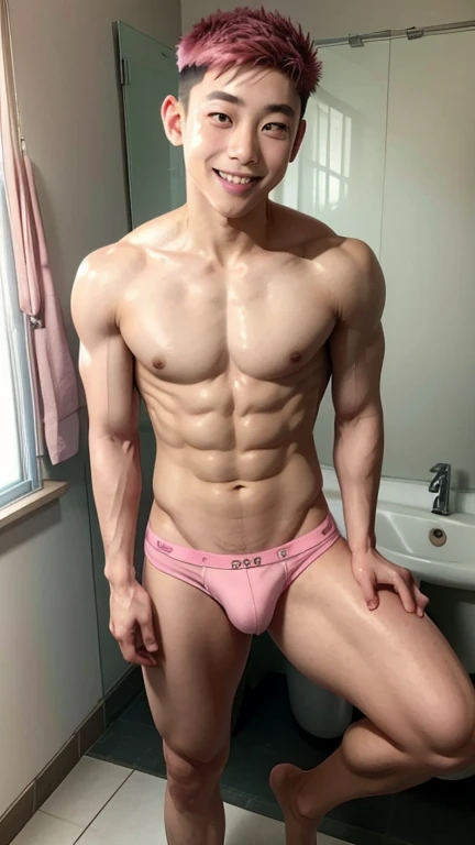Japanese men、、Muscles and smooth skin、Undercut pink hair、Relaxed and friendly smile、Light yellow boxer briefs、The whole body is visible from toes to head、Posing in the bathroom、